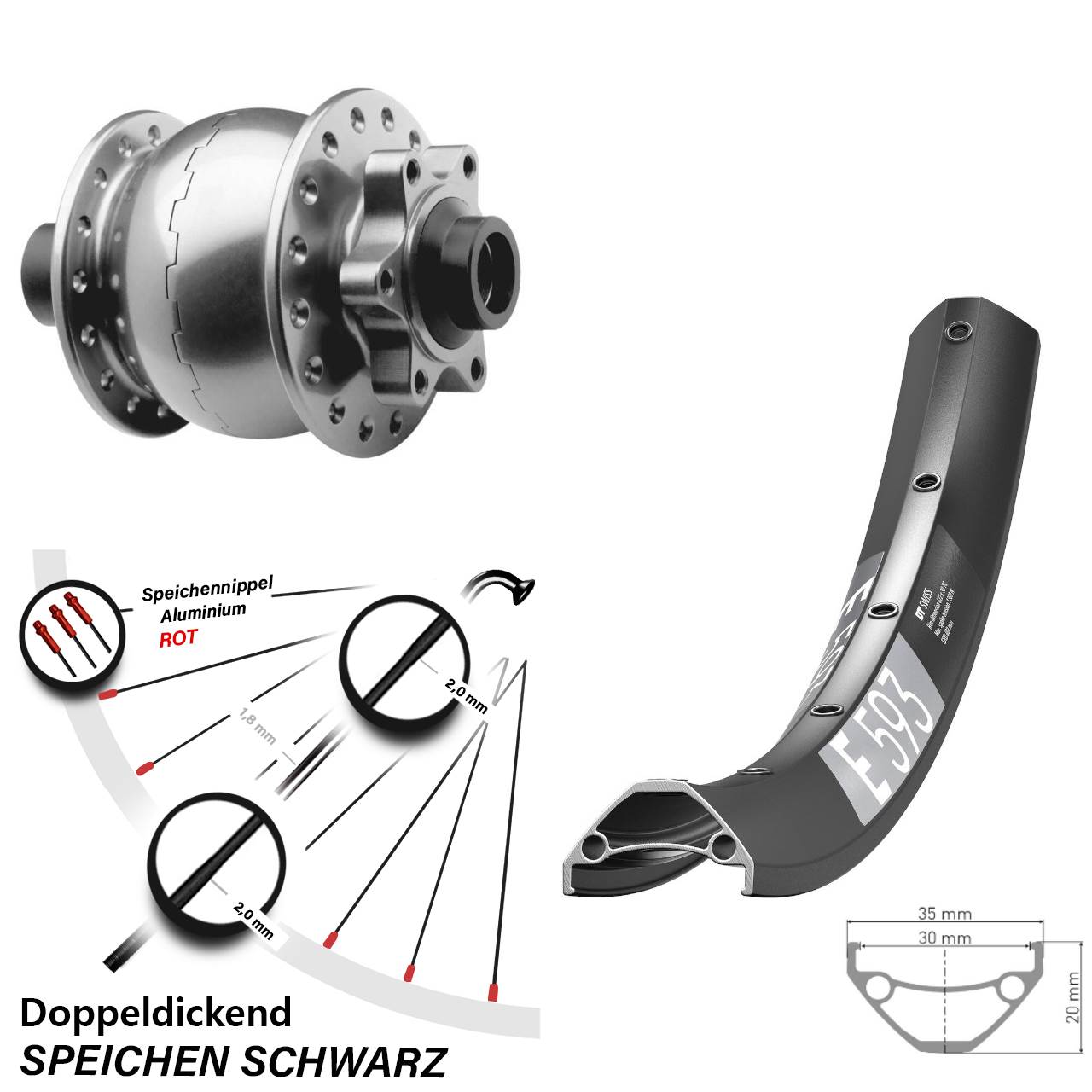 Disc Laufrad mit Nabendynamo 29 Zoll DT Swiss E593 SON 28 15x100