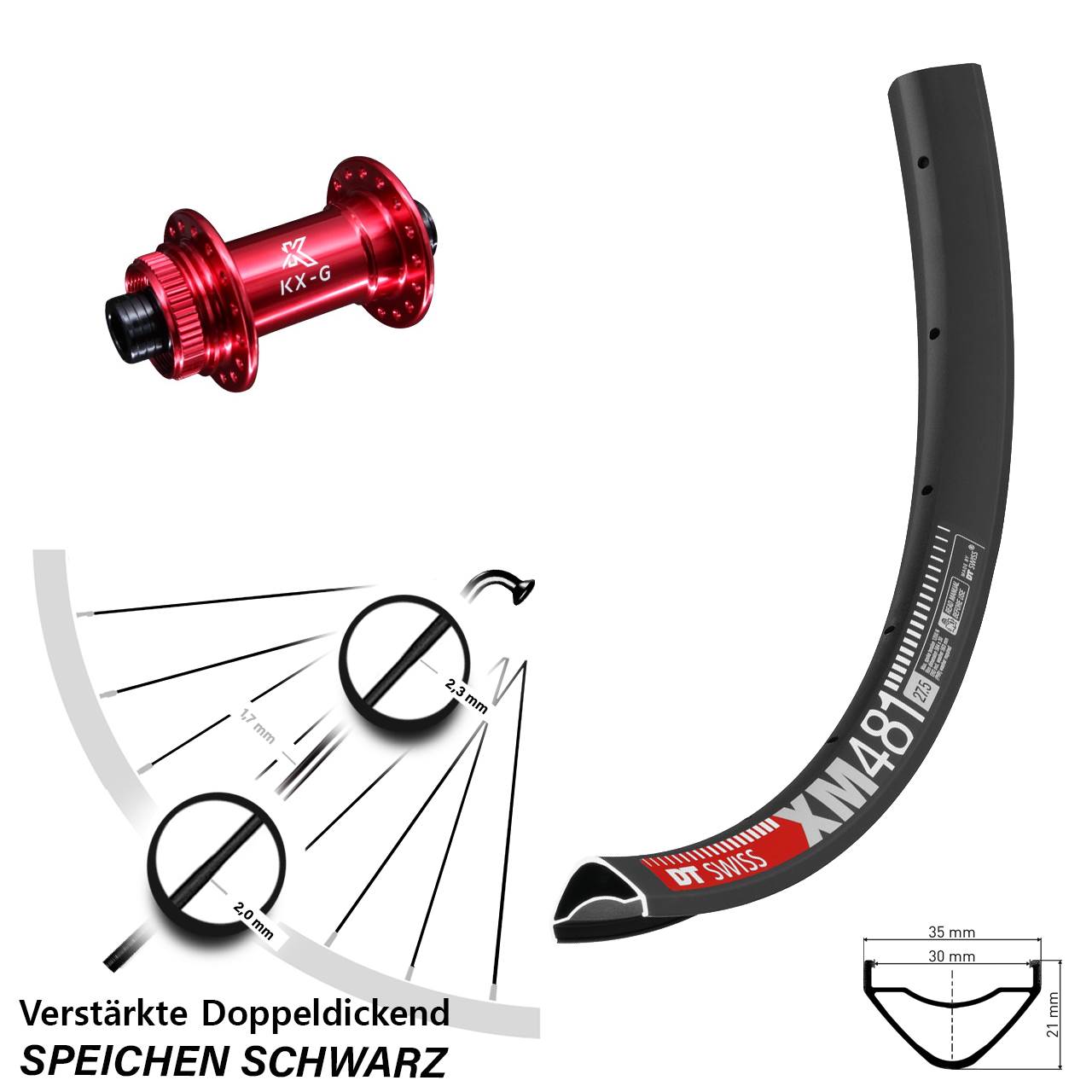 DT Swiss XM481 KX-G rot 27,5 Zoll Centerlock Vorderrad 12x100