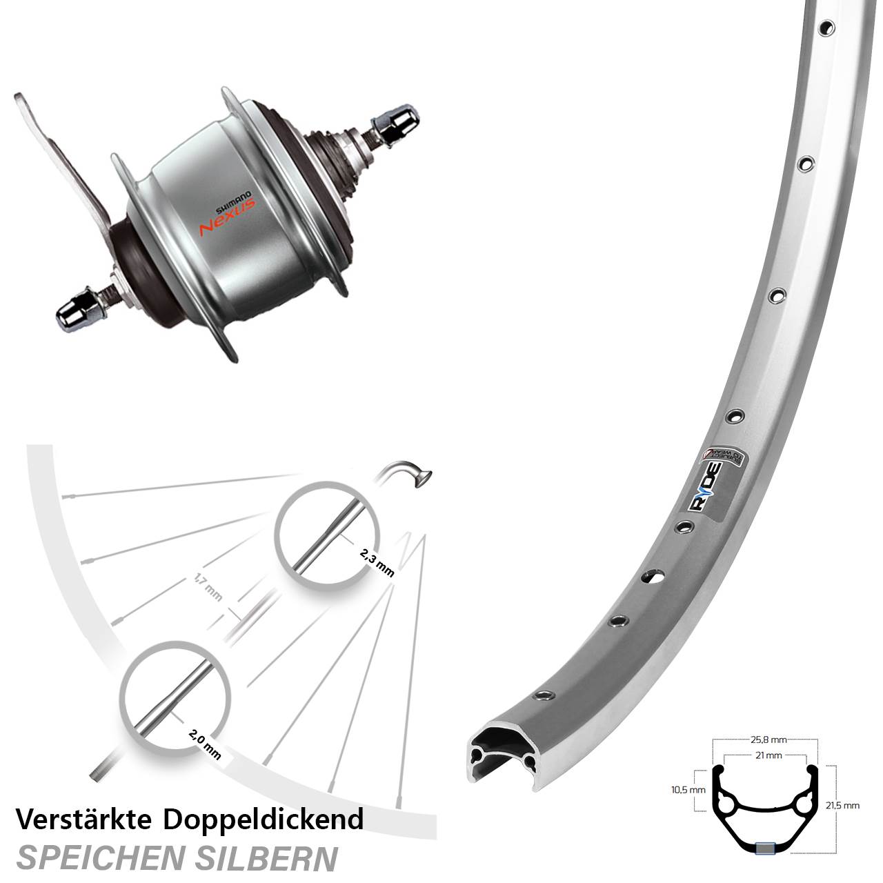 27,5 Zoll Ryde Zac 421 Shimano Nexus 8 Gang Hinterrad mit Rücktrittbremse