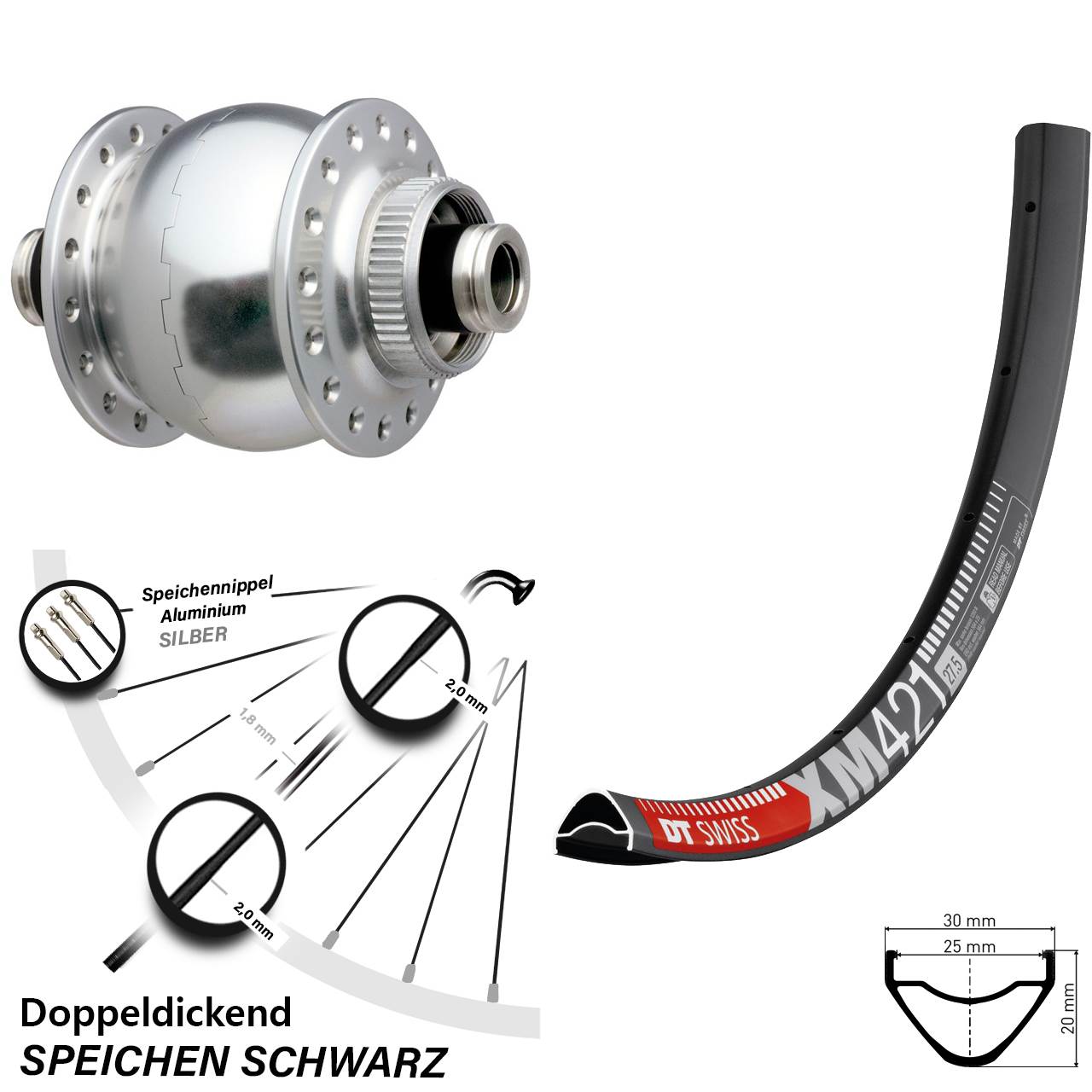 Centerlock Vorderrad mit Dynamo 27,5 Zoll DT Swiss XM421 SON 28 silbern 12x100