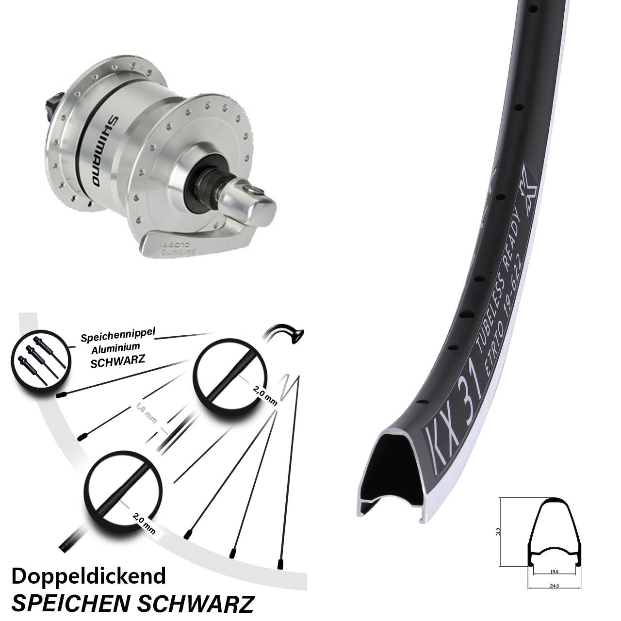 28 Zoll KX 31 Shimano DH3N72 Vorderrad mit Nabendynamo QR