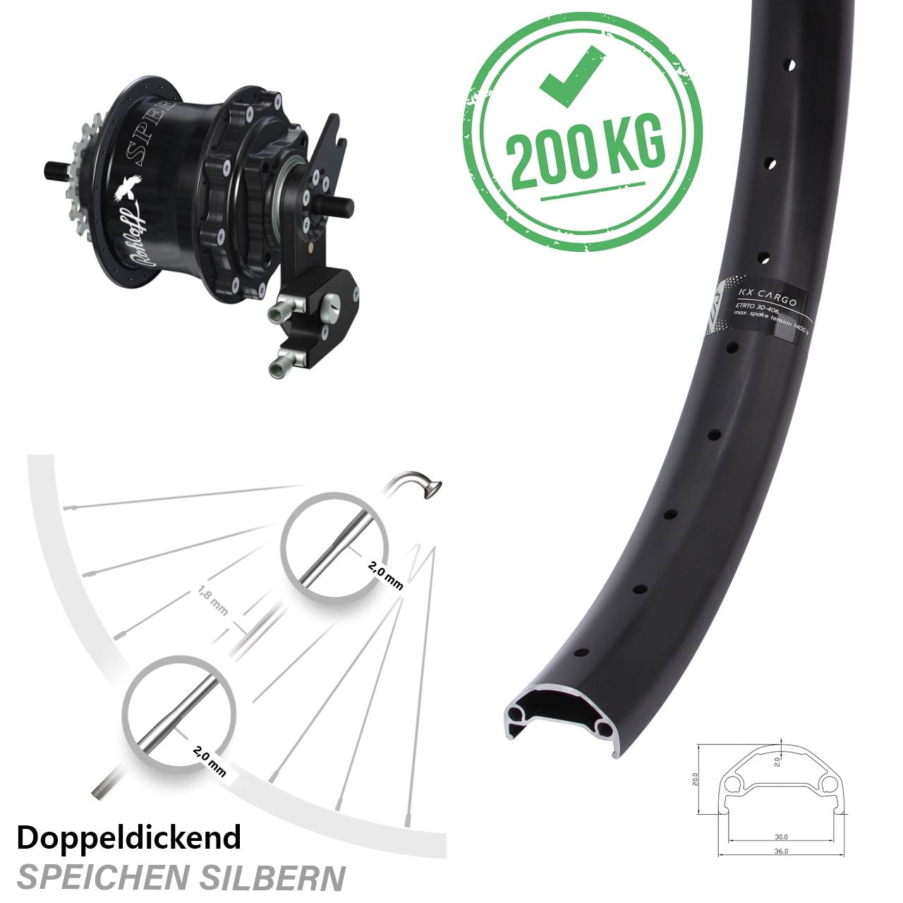 20 Zoll Hinterrad Rohloff Speedhub 500/14 TS OEM2 DB verstärkt KX Cargo schwarz