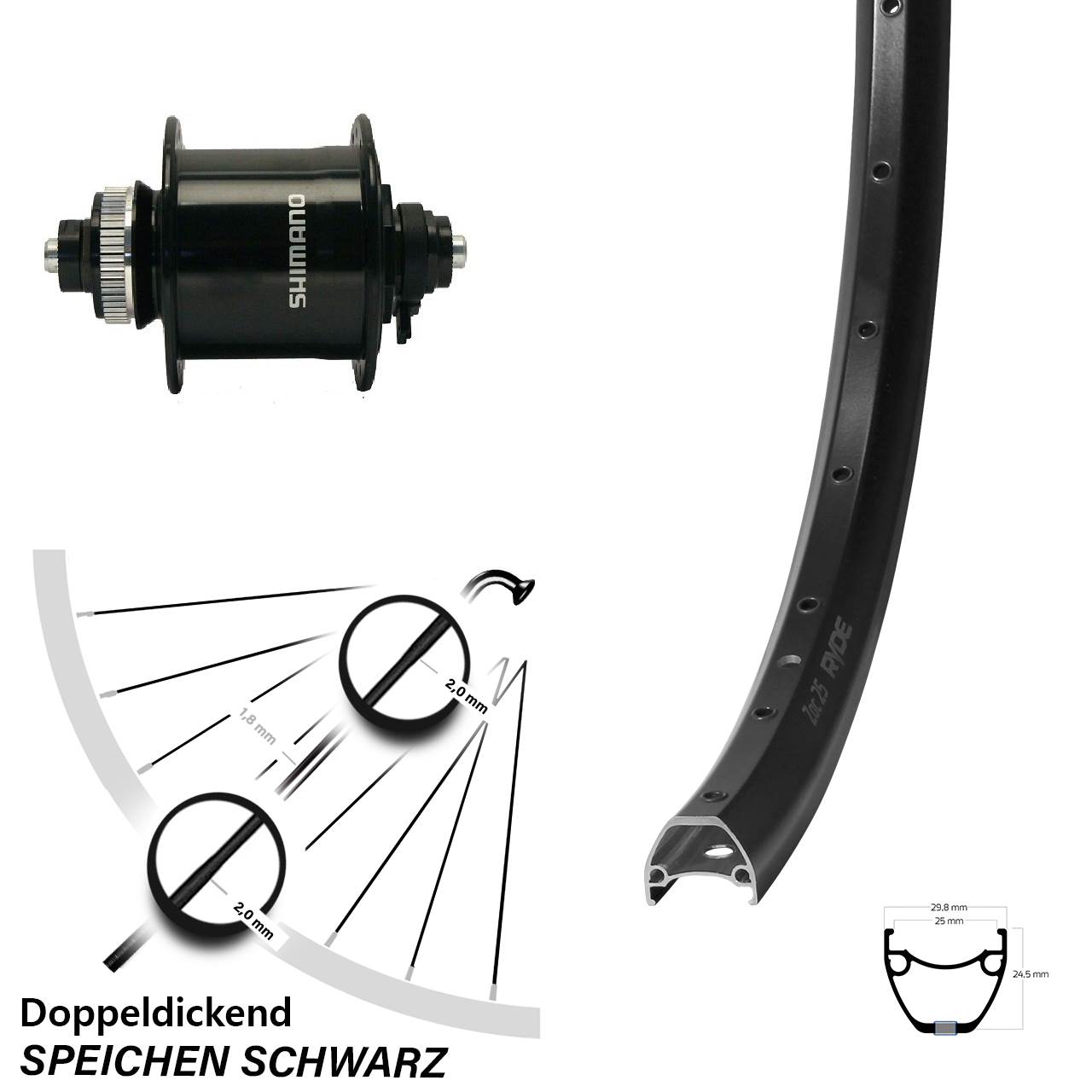 Centerlock Dynamo-Vorderrad QR 28 Zoll Ryde ZAC 25 Shimano DH-UR700-3D