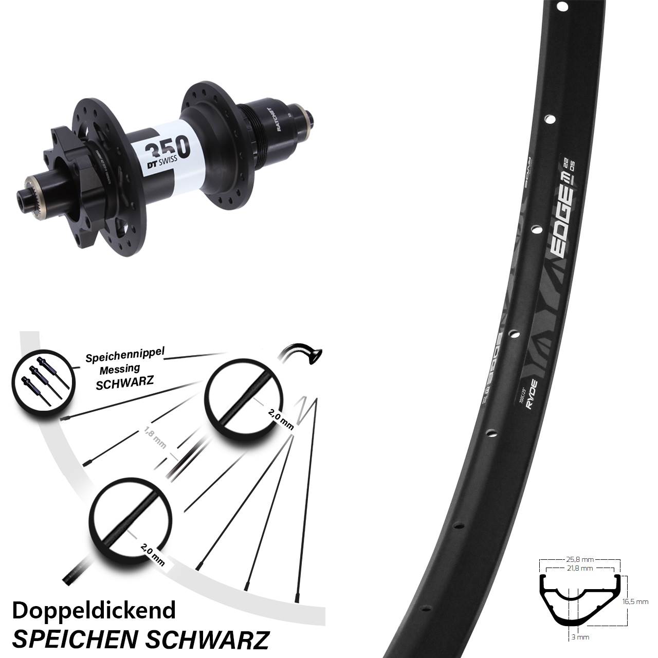 Ryde Edge M22 OS DT Swiss 350 28-29 Zoll Hinterrad 6-Loch QR SRAM XD