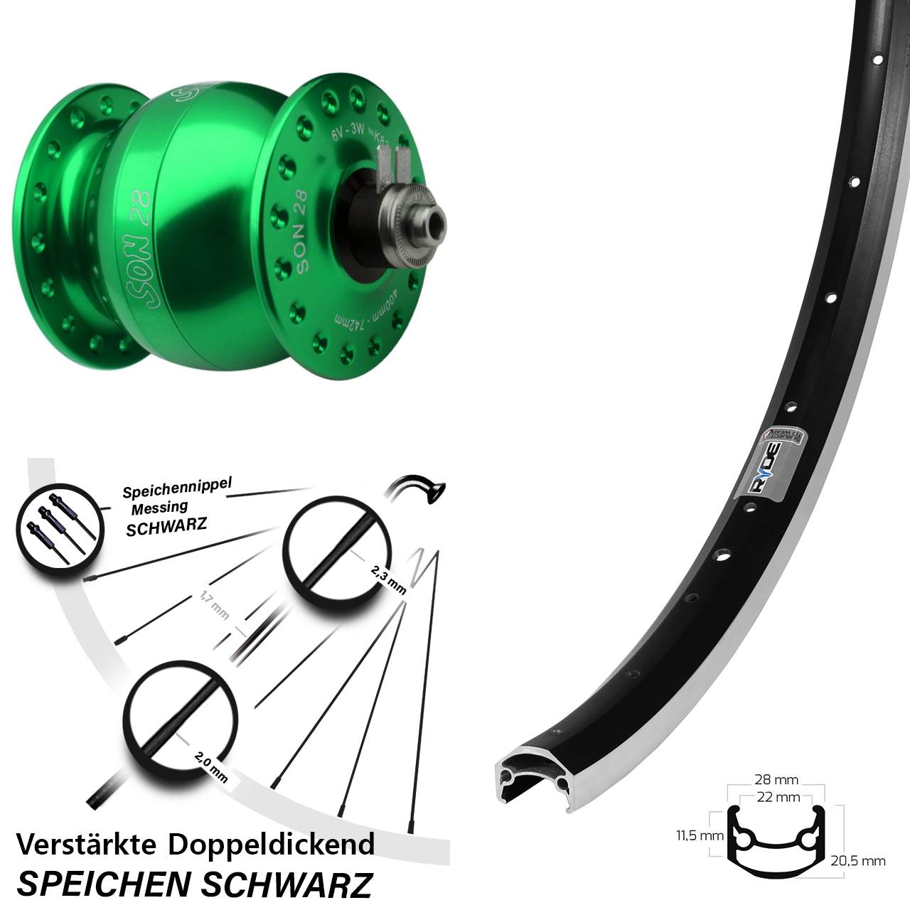 27,5 Zoll Ryde Andra 35 SON 28 grün Vorderrad mit Nabendynamo QR