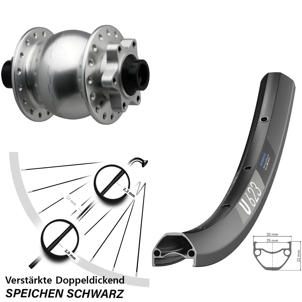 SON 28 silbern DT Swiss U 623 Zoll Disc Laufrad mit Nabendynamo 15x110 Boost