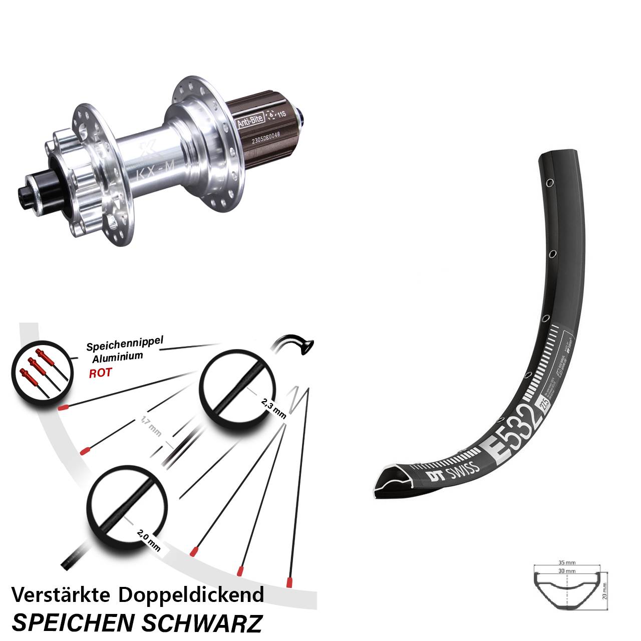 DT Swiss E 532 KX-M 27,5 Zoll 6-Loch Hinterrad für Schnellspanner 8-12 fach