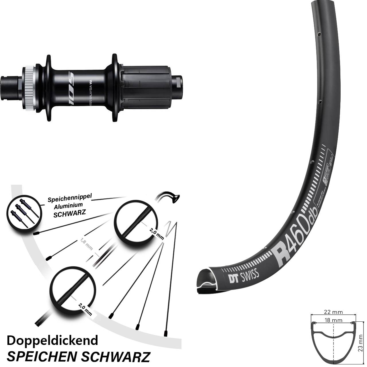 28 Zoll DT Swiss R 460 Shimano 105 Disc Hinterrad 12x142 8-12 fach HG