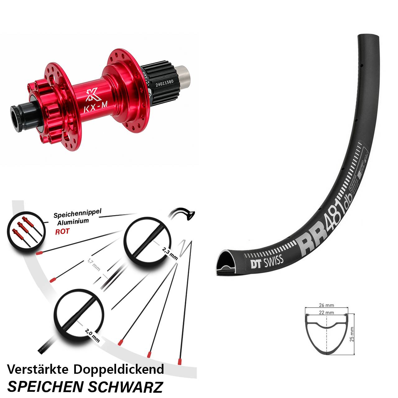Hinterrad 6-Loch 12x142 28 Zoll DT Swiss RR481 KX-M rot Shimano Micro Spline