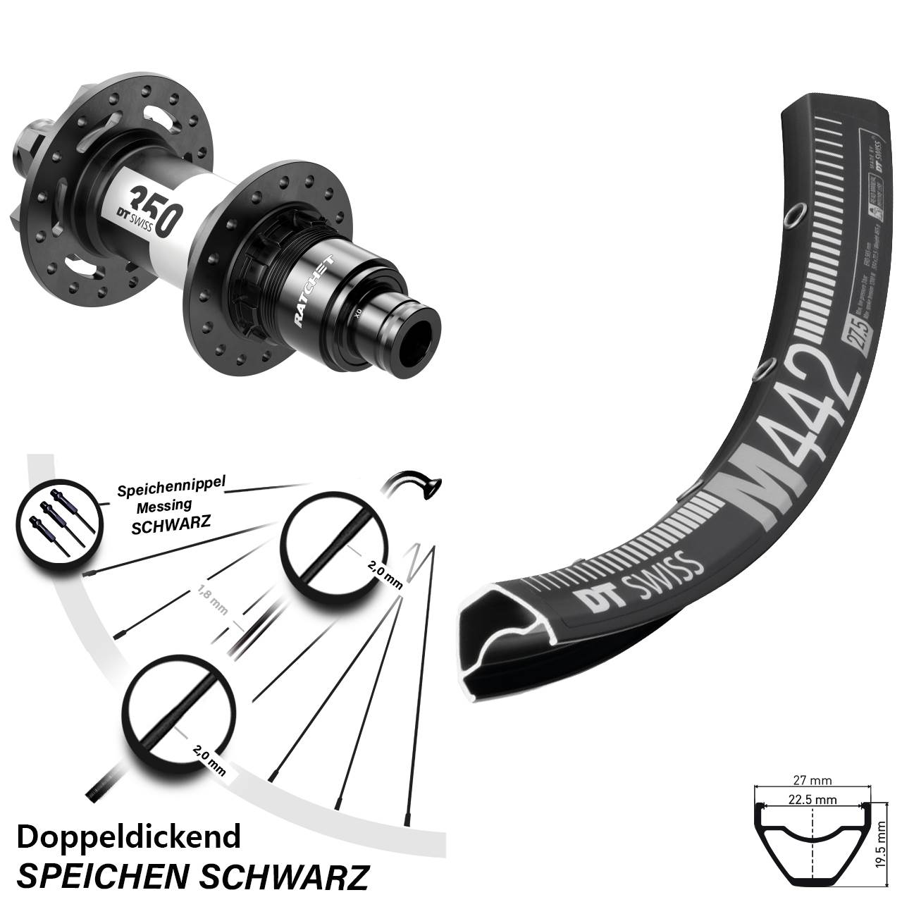 28 Zoll M442 DT Swiss 350 Steckachse Hinterrad 12x148 Boost 6-Loch Sram XD