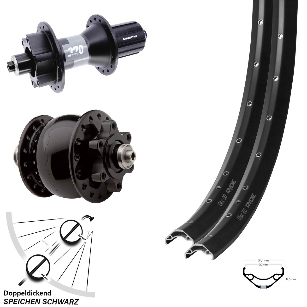 Laufradsatz 6-Loch 27,5 Zoll Ryde Disc 30 DT Swiss 370 SON 28 8-11 fach für Schnellspanner