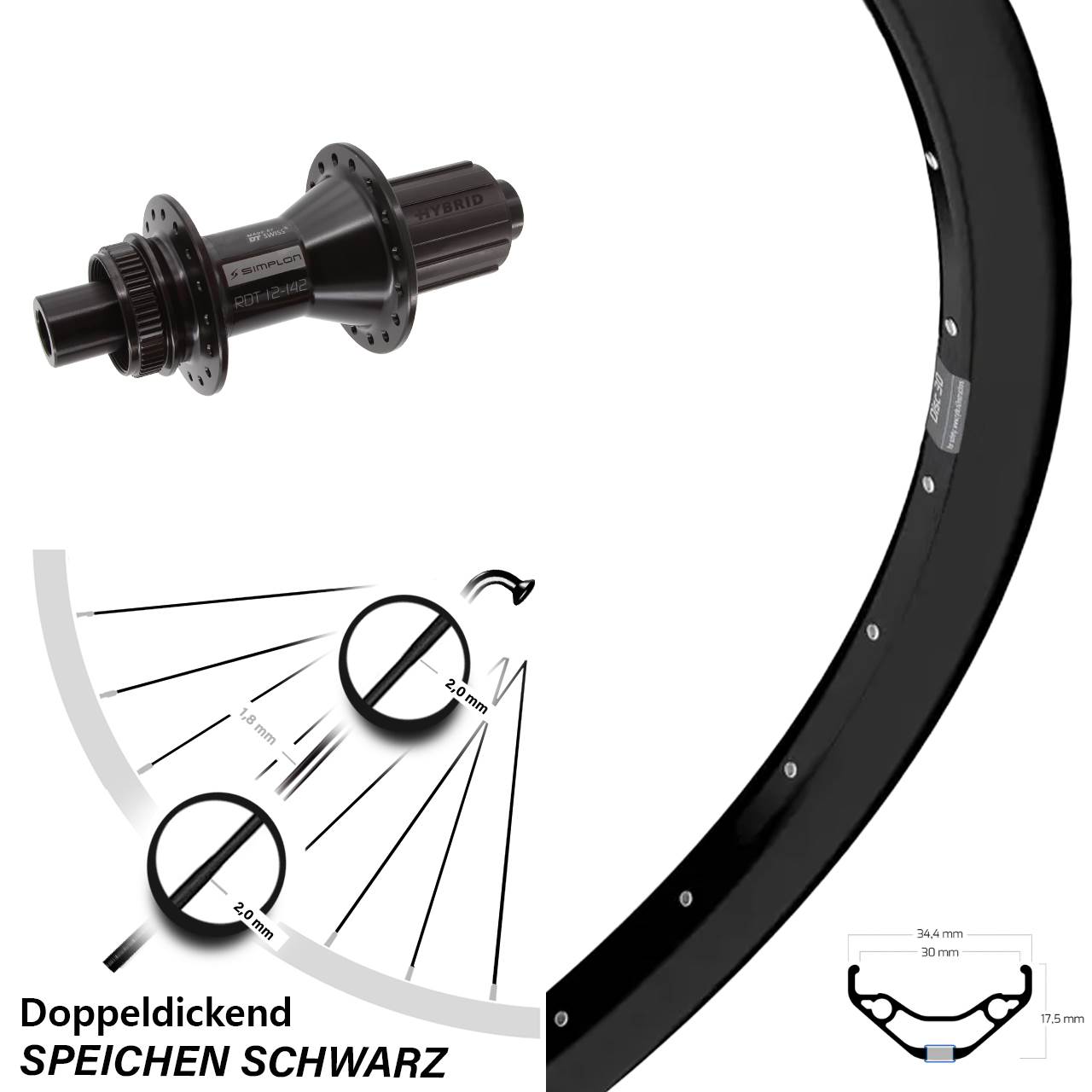 Centerlock Hinterrad 12x142 27,5 Zoll Ryde Disc 30 DT Swiss 370 Hybrid 8-11 fach HG
