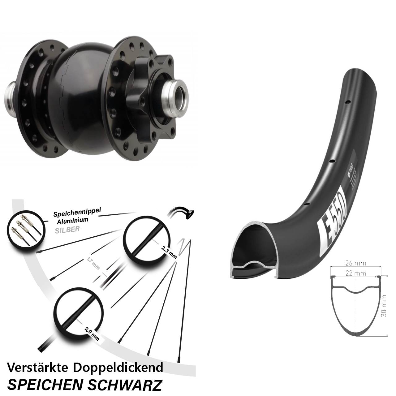 Nabendynamovorderrad 6-Loch 28 Zoll DT Swiss E550 SON28 12x110 Boost