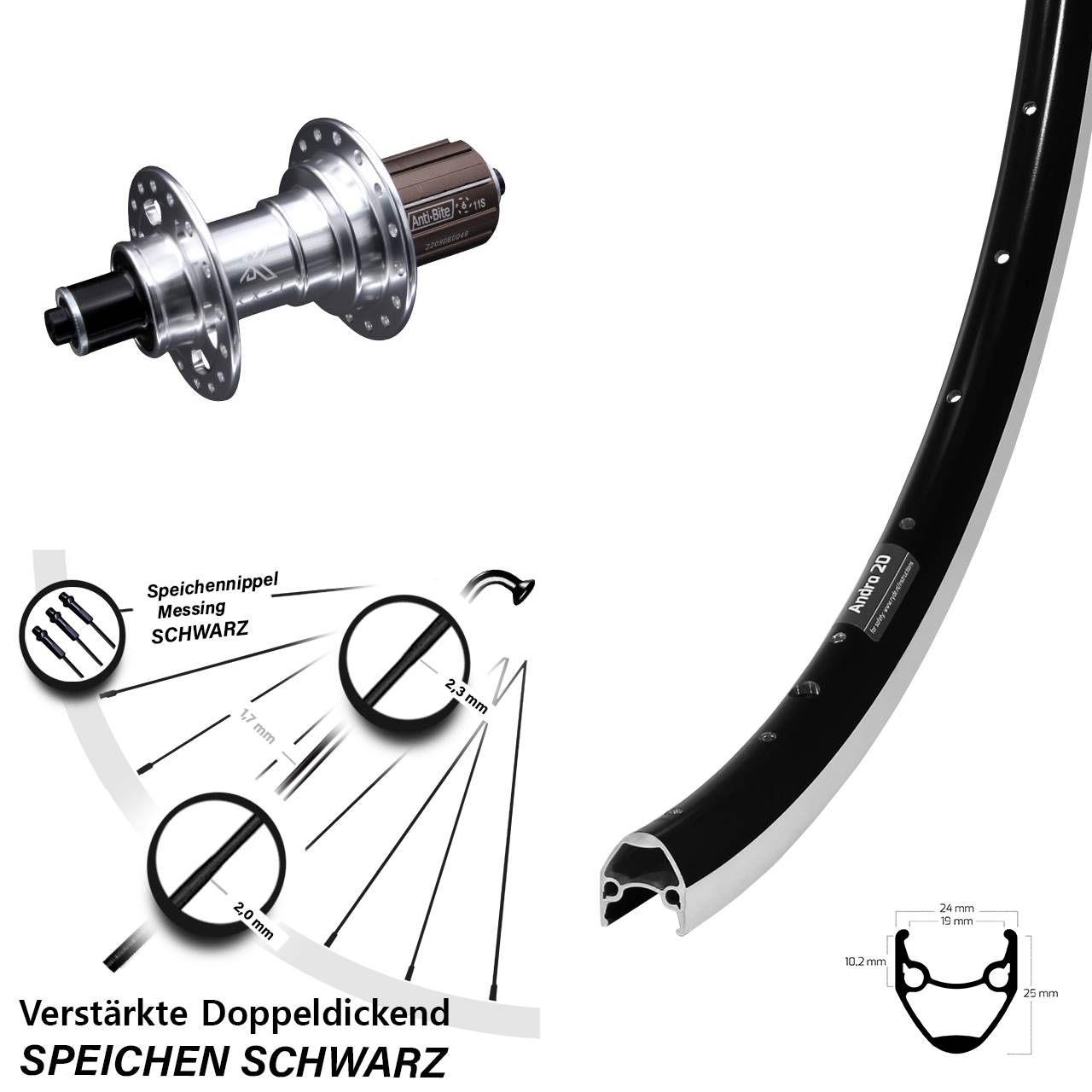Hinterrad 28 Zoll Ryde Andra 20 KX-T 8-12 fach für Schnellspanner