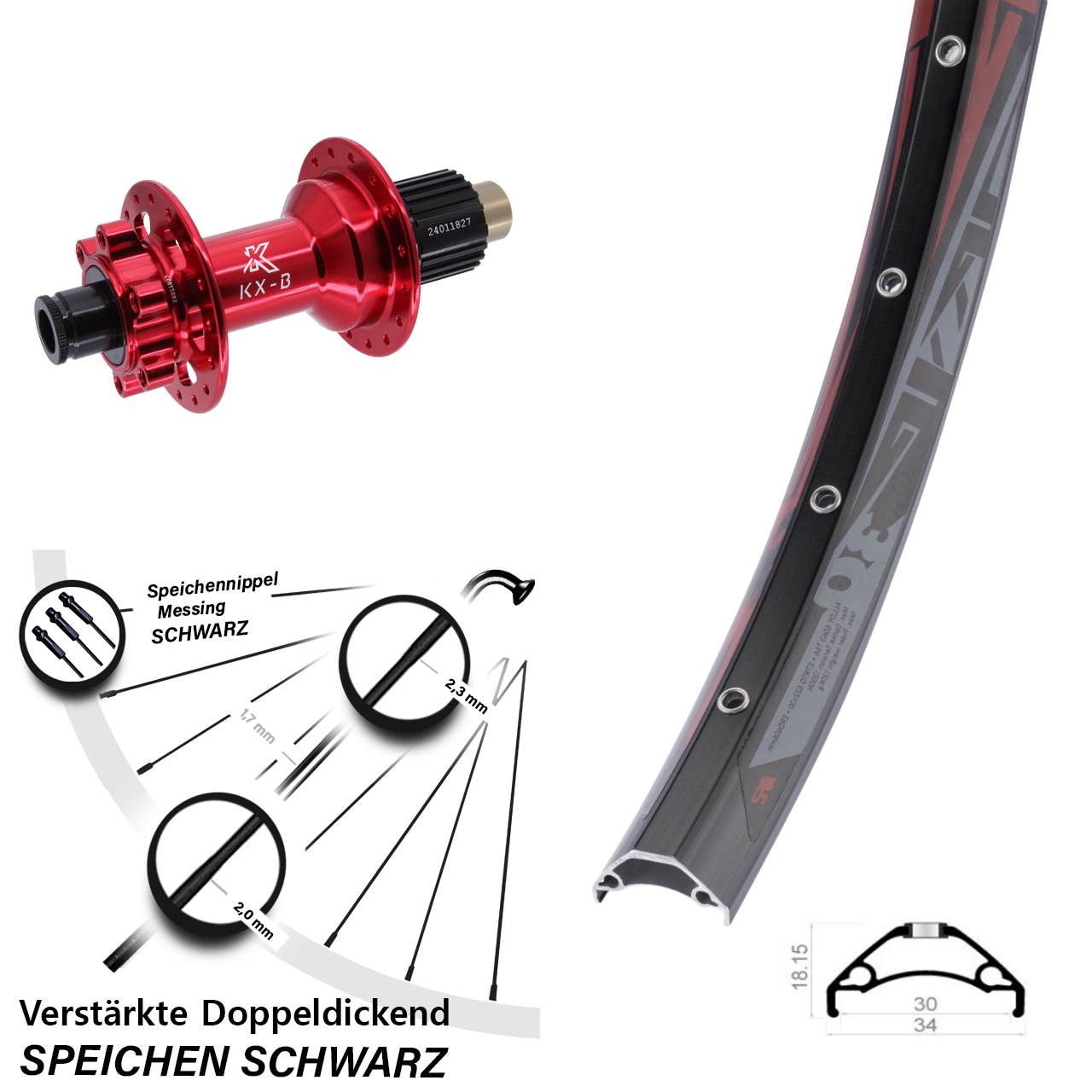 29 Zoll Rodi TRYP 30 KX-B rot Disc Hinterrad 12x148 Shimano Micro Spline