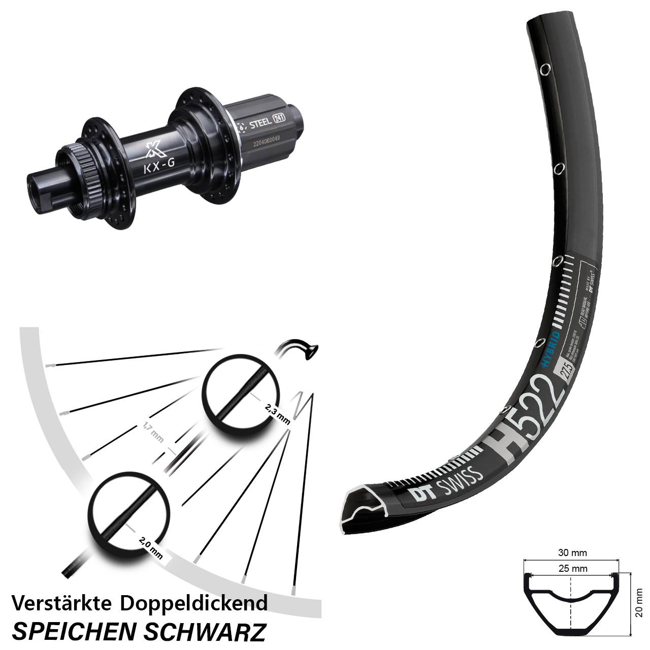 Hinterrad Centerlock 12x142 29 Zoll DT Swiss H 522 KX-GS verstärkt 8-12 fach HG
