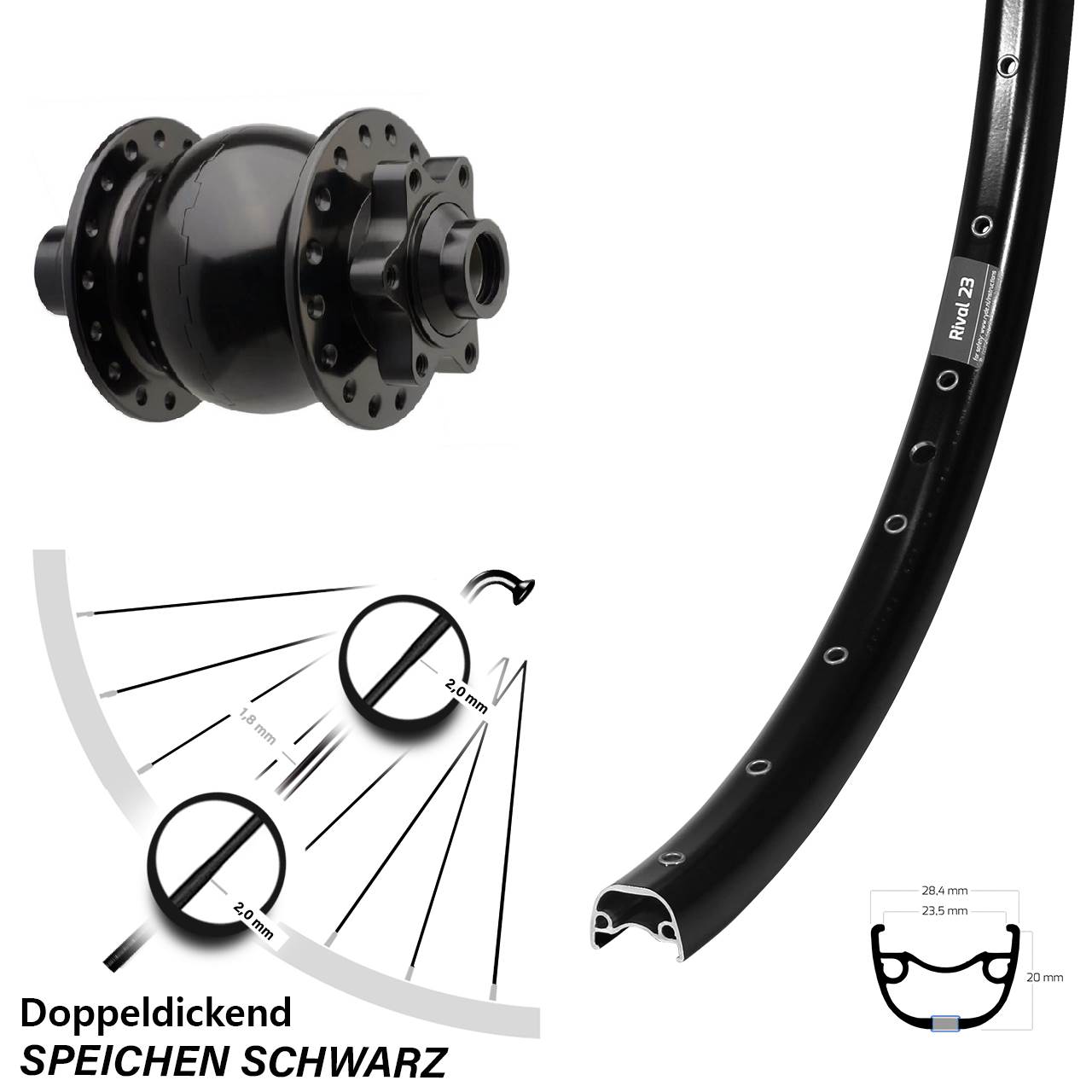 SON 28 Ryde Rival 23 650B Vorderrad mit Nabendynamo 6-Loch 15x110 Boost