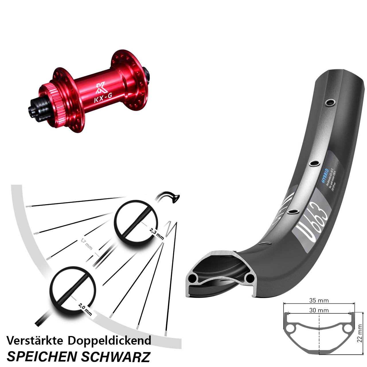 Disc Vorderrad 29 Zoll DT Swiss U663 KX-G rot für Schnellspanner