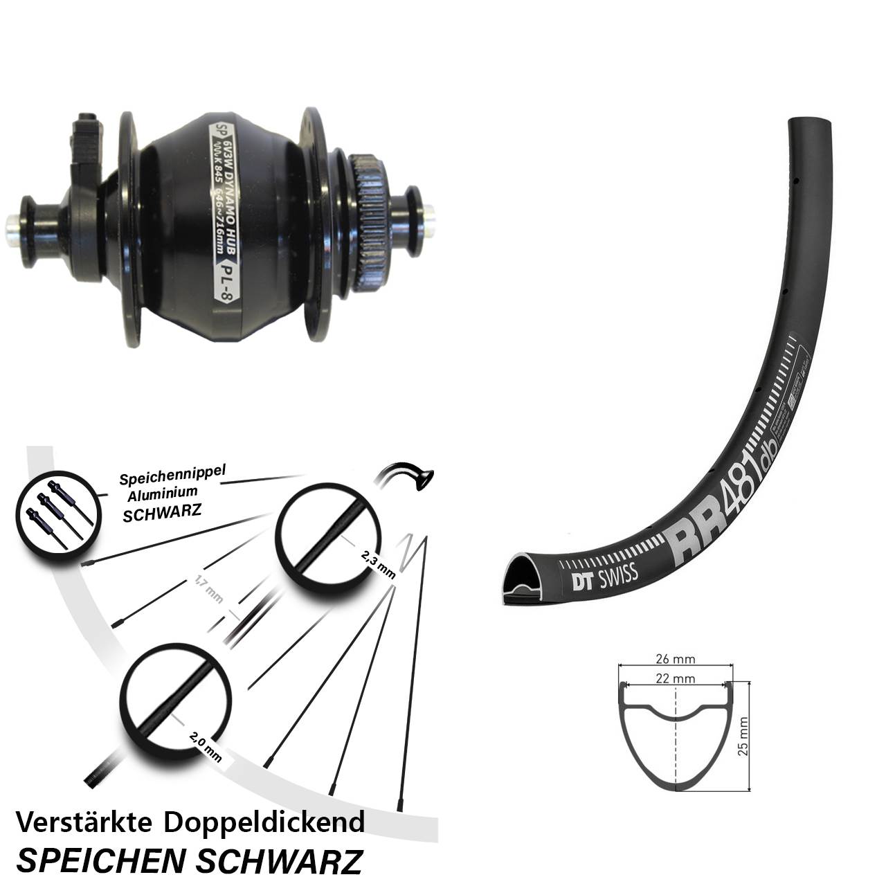 DT Swiss RR 481 Shutter PL-8 28 Zoll Nabendynamovorderrad Centerlock QR