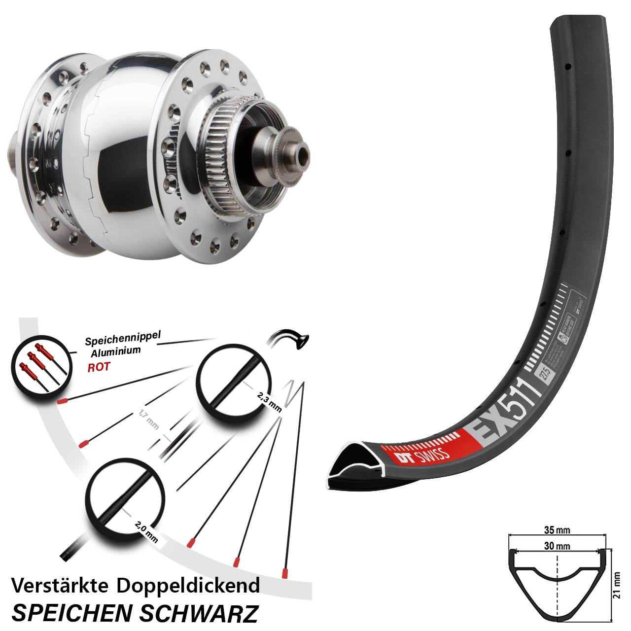 29 Zoll DT Swiss EX 511 SON delux Dynamo-Vorderrad Centerlock QR