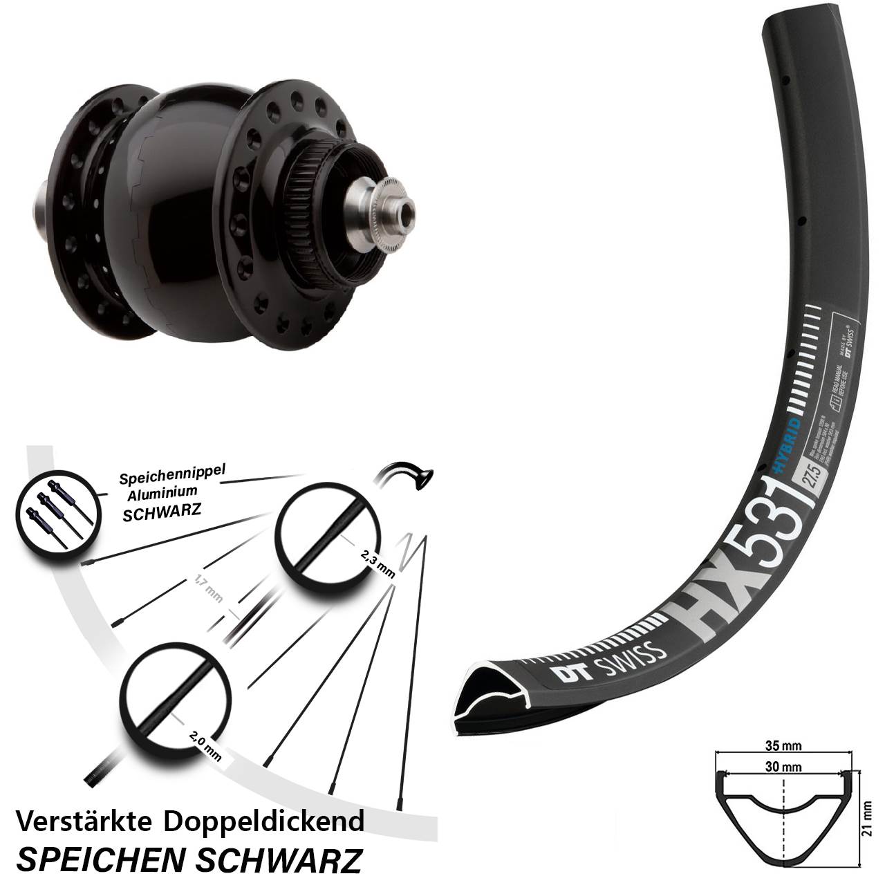 SON delux DT Swiss HX 531 29 Zoll Disc Vorderrad mit Nabendynamo für Schnellspanner
