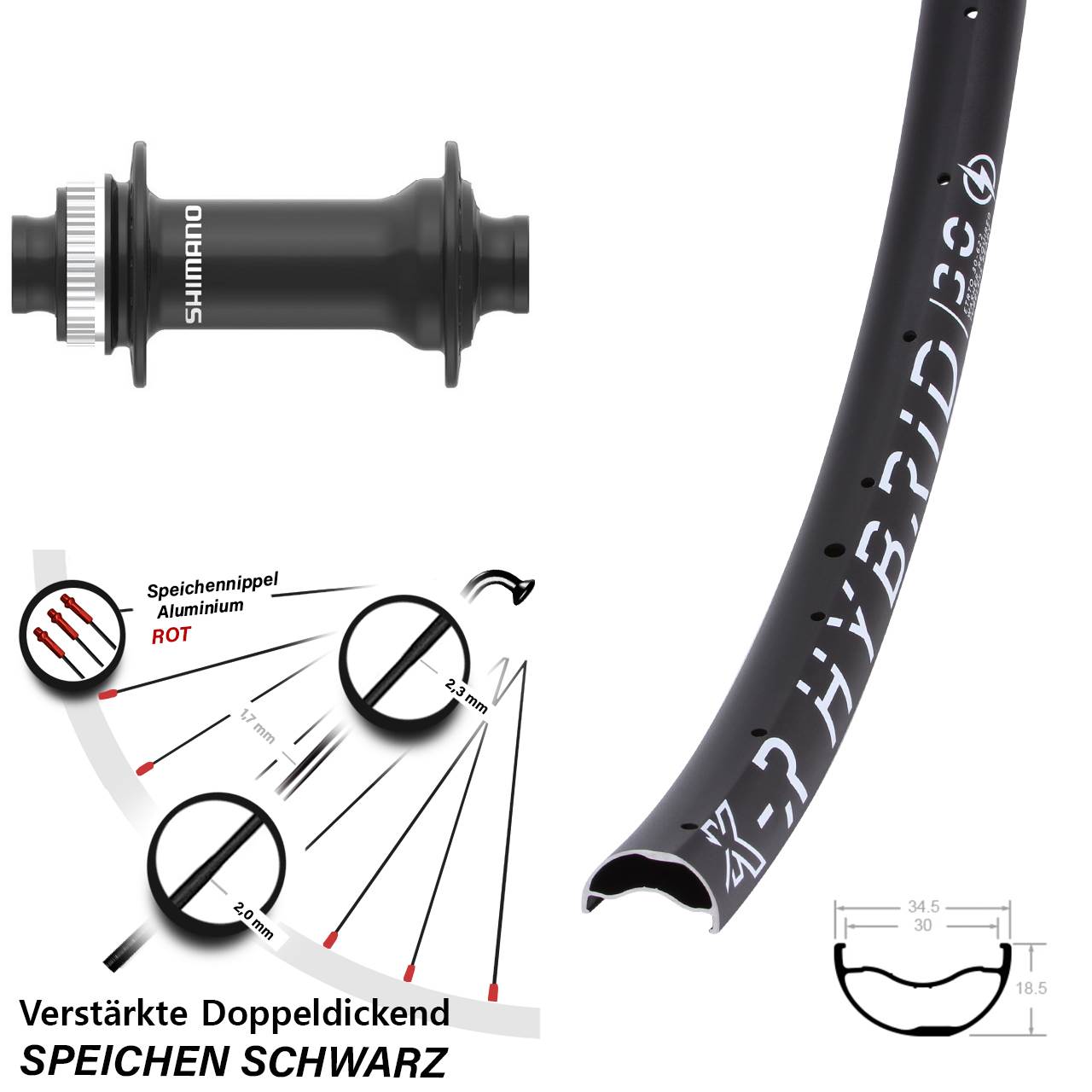 KX-R Hybrid 30 Shimano HB-MT410-B 29 Zoll Vorderrad Centerlock 15x110 Boost