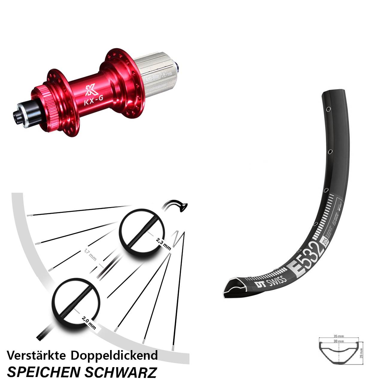 DT Swiss E532 KX-G rot 27,5 Zoll Disc Hinterrad für Schnellspanner 8-12 fach