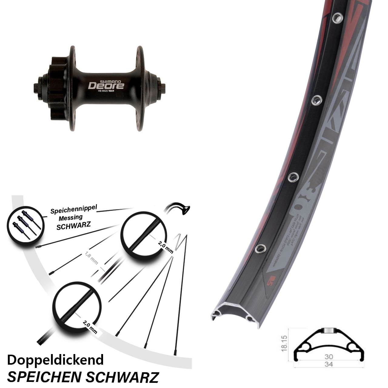 Vorderrad 6-Loch 29 Zoll Rodi TRYP 30 Shimano Deore HB-M525 für Schnellspanner
