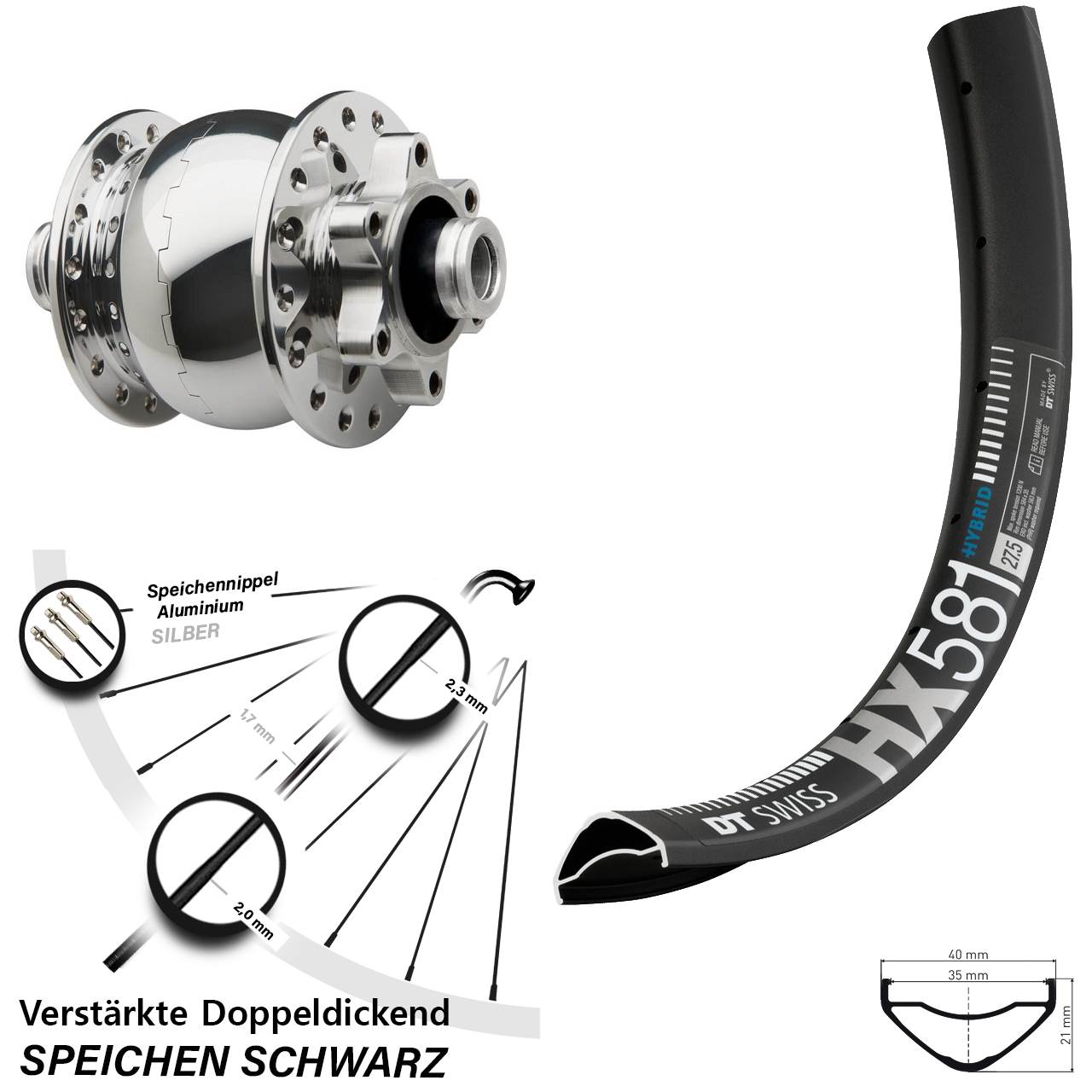 Disc Laufrad mit Nabendynamo 27,5 Zoll DT Swiss HX 581 SON 28 12x100