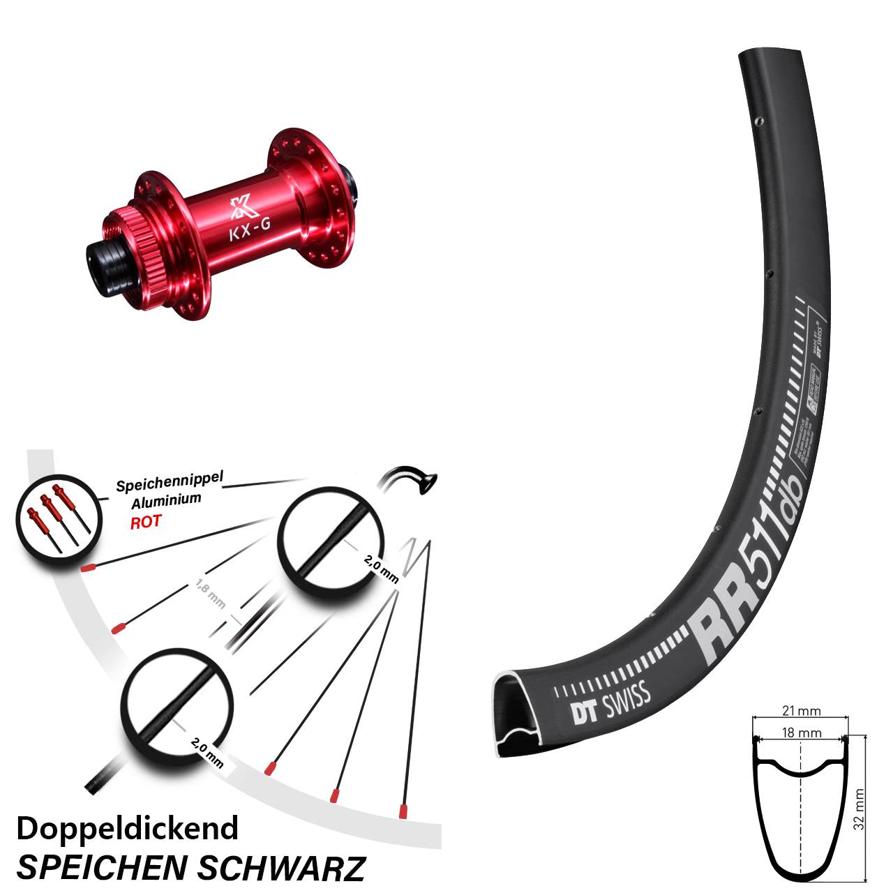 28 Zoll Vorderrad KX-G Nabe rot-eloxiert 12x100 DT Swiss RR 511 DB Centerlock