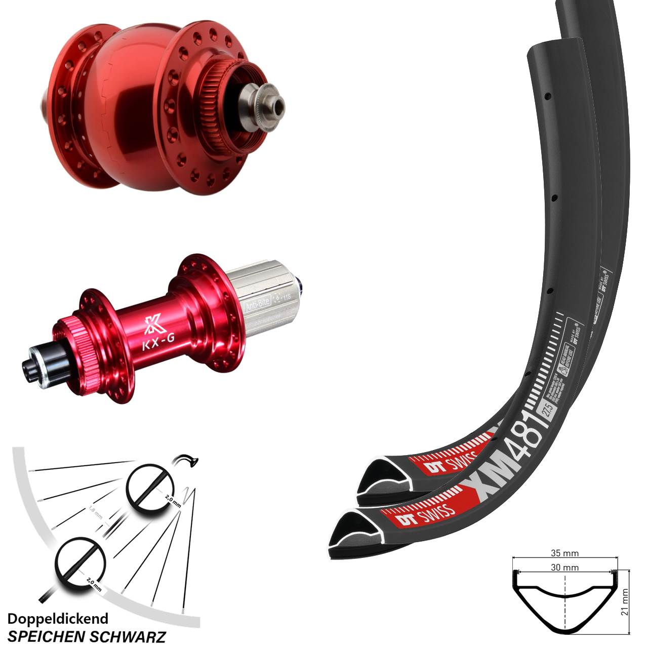 Laufradsatz Centerlock QR 27,5 Zoll DT Swiss XM 481 KX-G rot SONdelux 8-12 fach