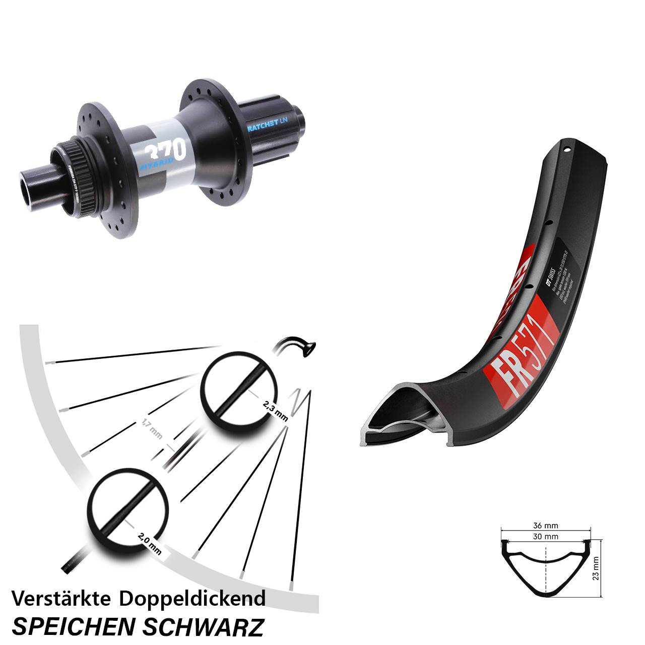 27,5 Zoll DT Swiss FR571 370 Hybrid Disc Laufrad 12x148 8-11 fach HG