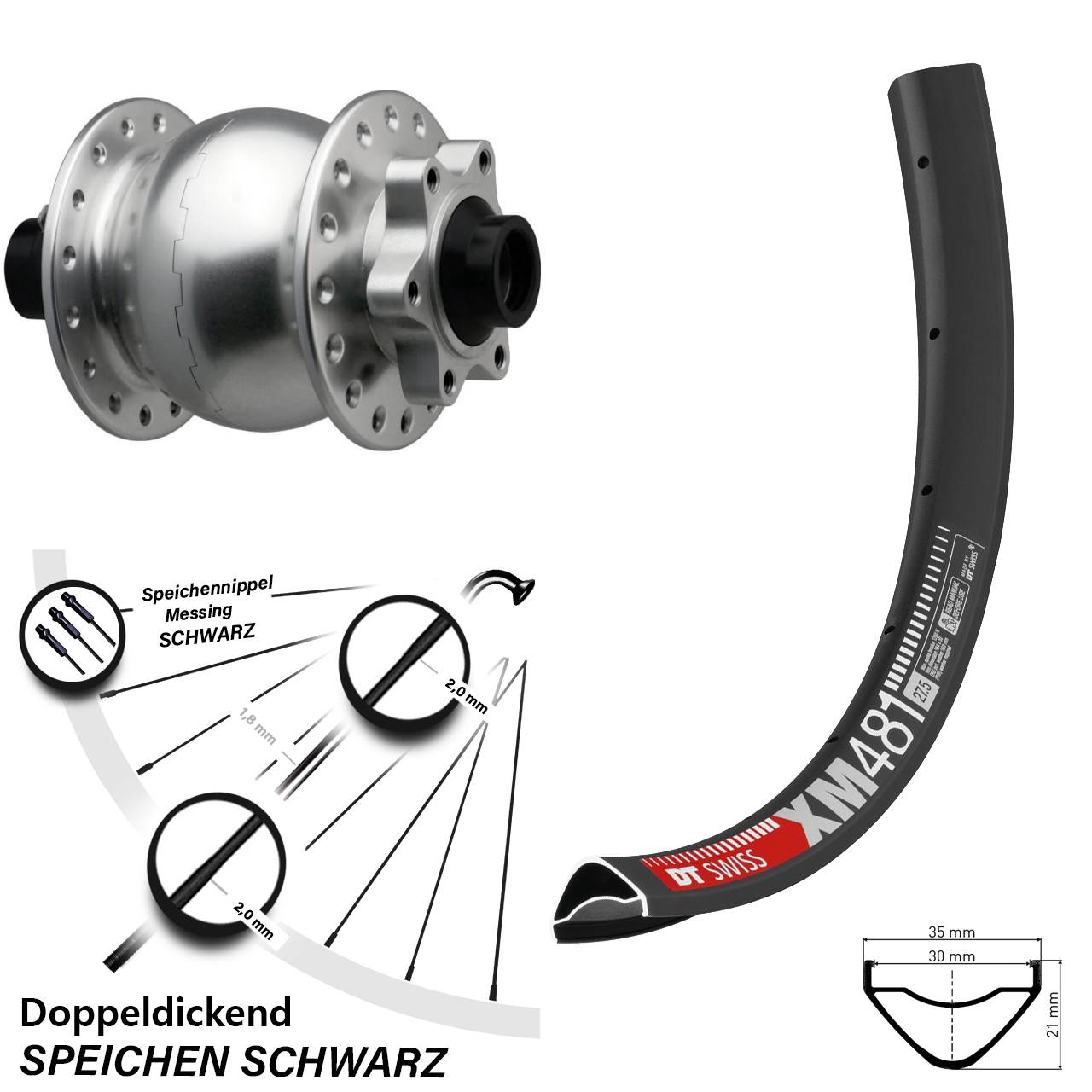 Boost Disc Nabendynamolaufrad 15x110 27,5 Zoll DT Swiss XM 481 SON 28 silbern
