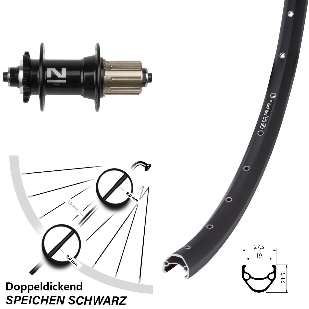 Laufrad 28 Zoll Gora 19 Disc Novatec D042SB schwarz 8-11 fach HG