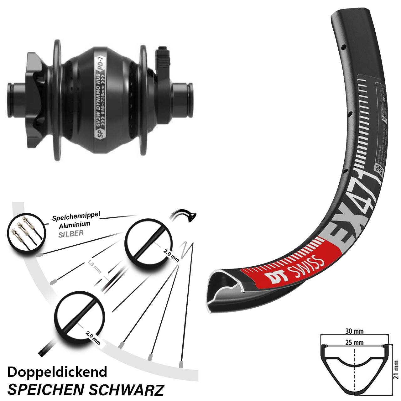 29 Zoll DT Swiss EX 471 Shutter PD-7 Disc Nabendynamolaufrad 12x100