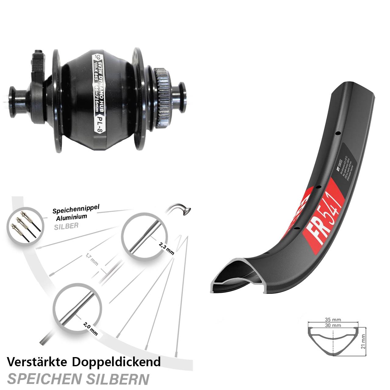 29 Zoll DT Swiss FR 541 Shutter Precision PL-8 Disc Nabendynamolaufrad QR