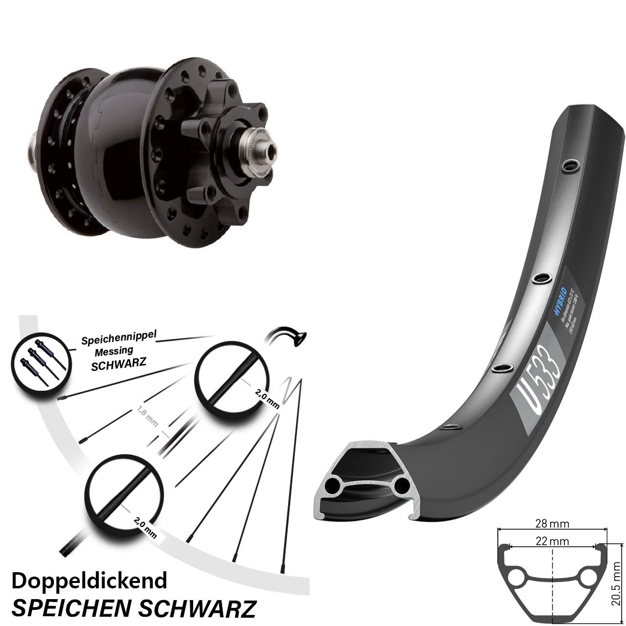 27,5 Zoll DT Swiss U533 SON 28 Dynamo-Vorderrad 6-Loch für Schnellspanner