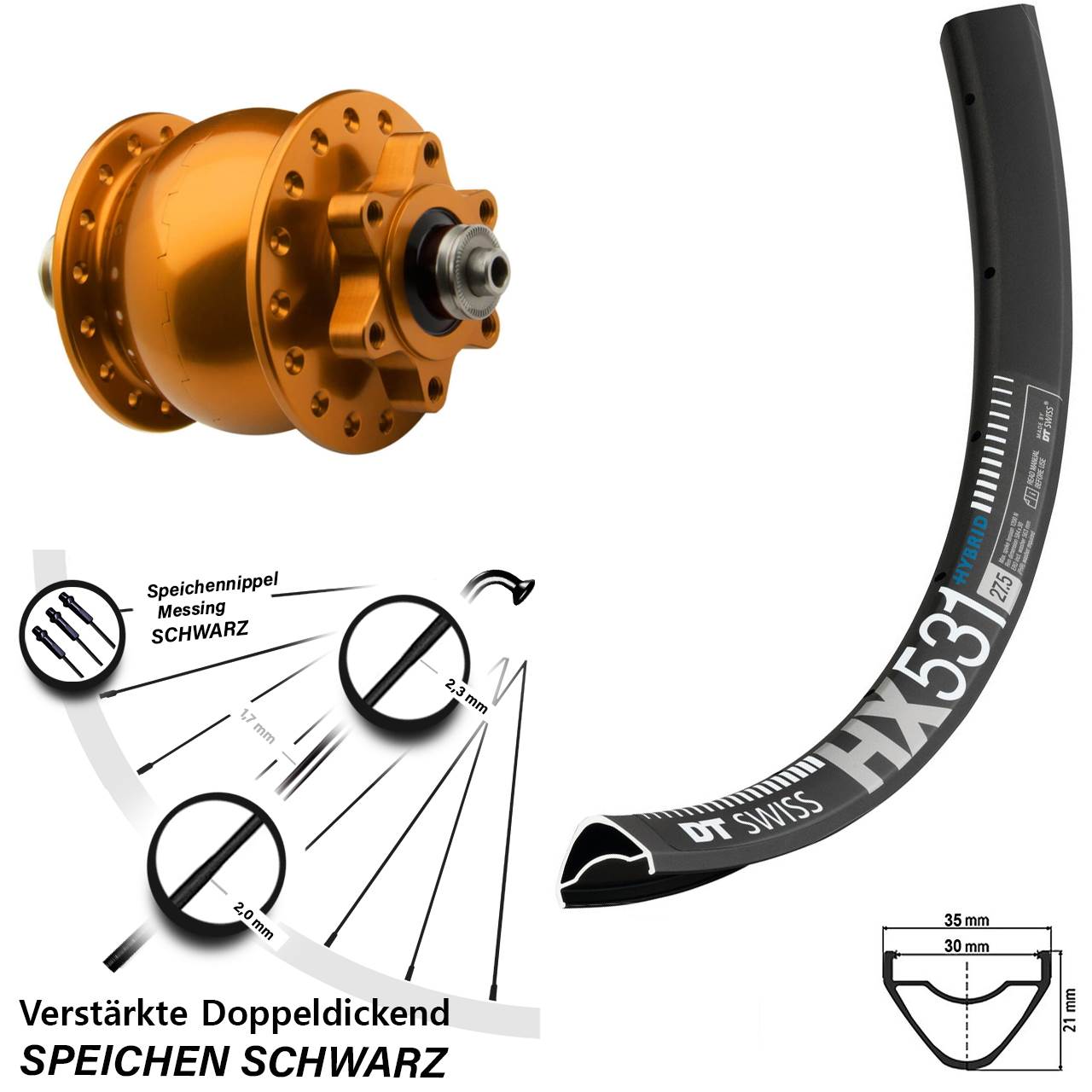 SON 28 orange DT Swiss HX 531 29 Zoll Disc Laufrad mit Nabendynamo QR