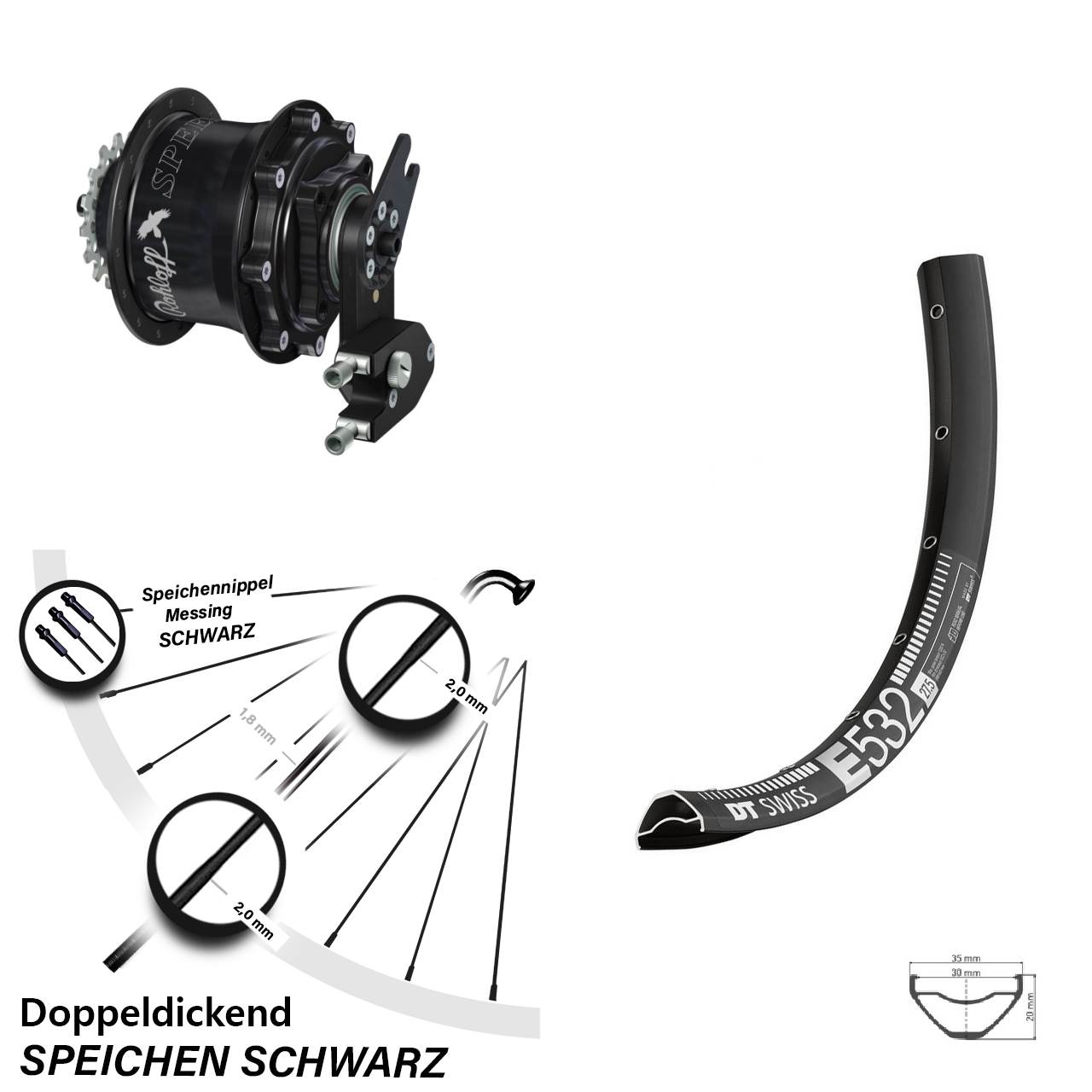 DT Swiss E 532 Rohloff CC DB OEM2 Tandem schwarz 29 Zoll Disc Hinterrrad