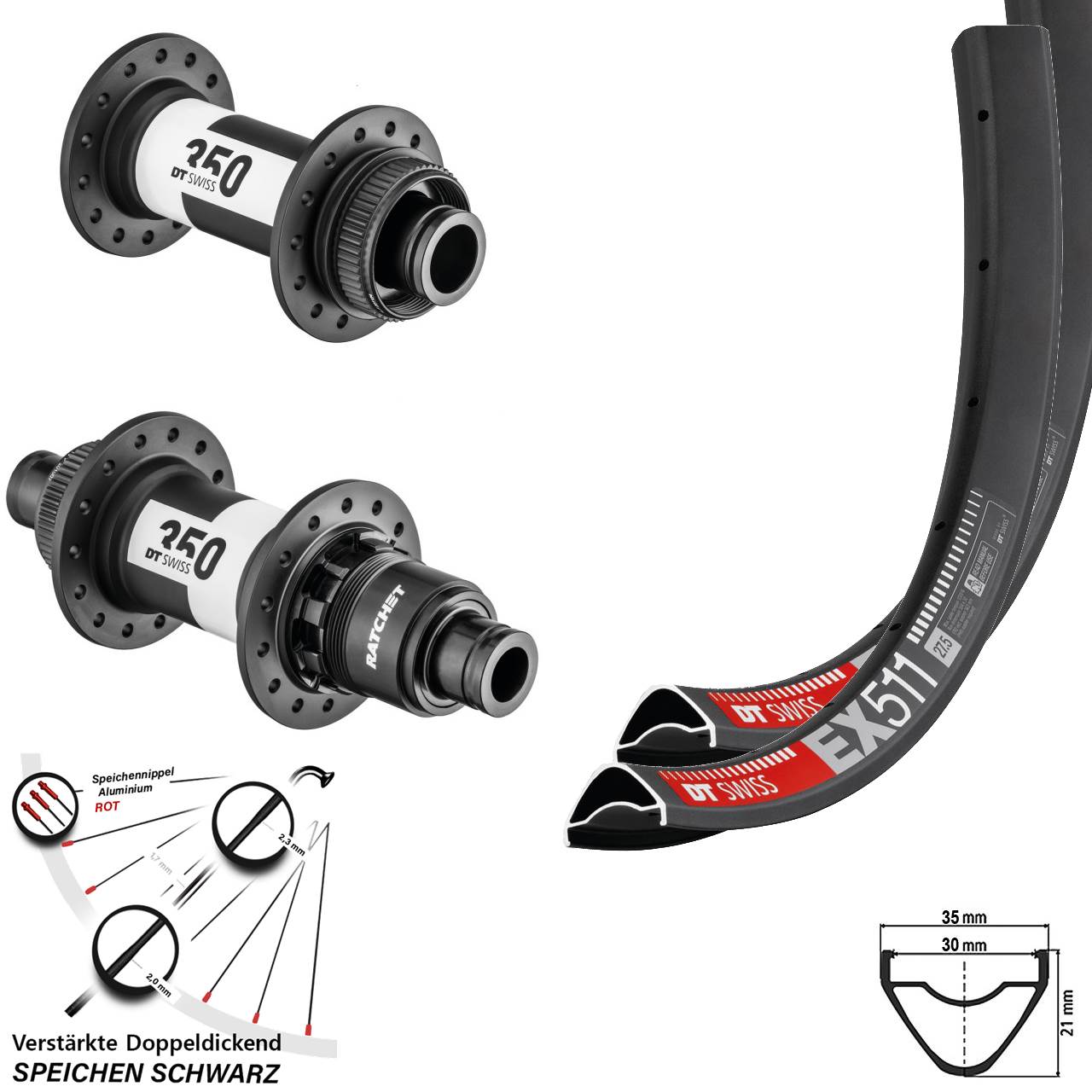 DT Swiss EX511-350 27,5 Zoll Disc Laufrad-Satz 15x110 12x148 Boost XD