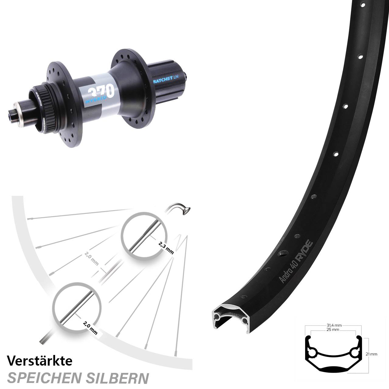 650B Ryde Andra 40 DT Swiss 370 Hybrid Boost Disc Hinterrad QR 8-11 fach HG
