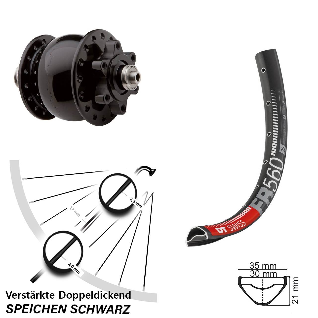 Disc Laufrad mit Nabendynamo 26 Zoll DT Swiss FR 560 SON 28 für Schnellspanner