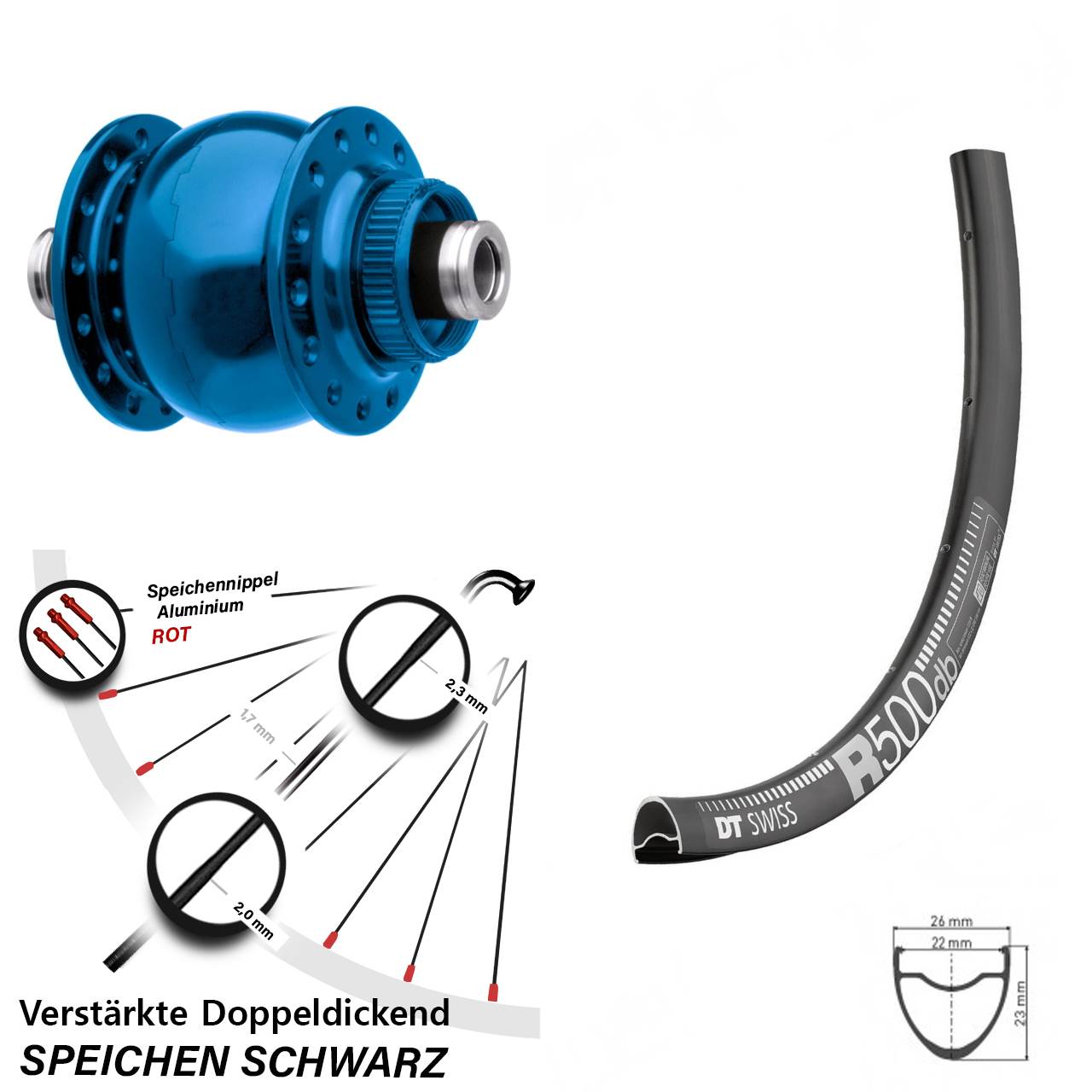 Nabendynamovorderrad Centerlock 12x100 28 Zoll DT Swiss R 500 SON28 blau