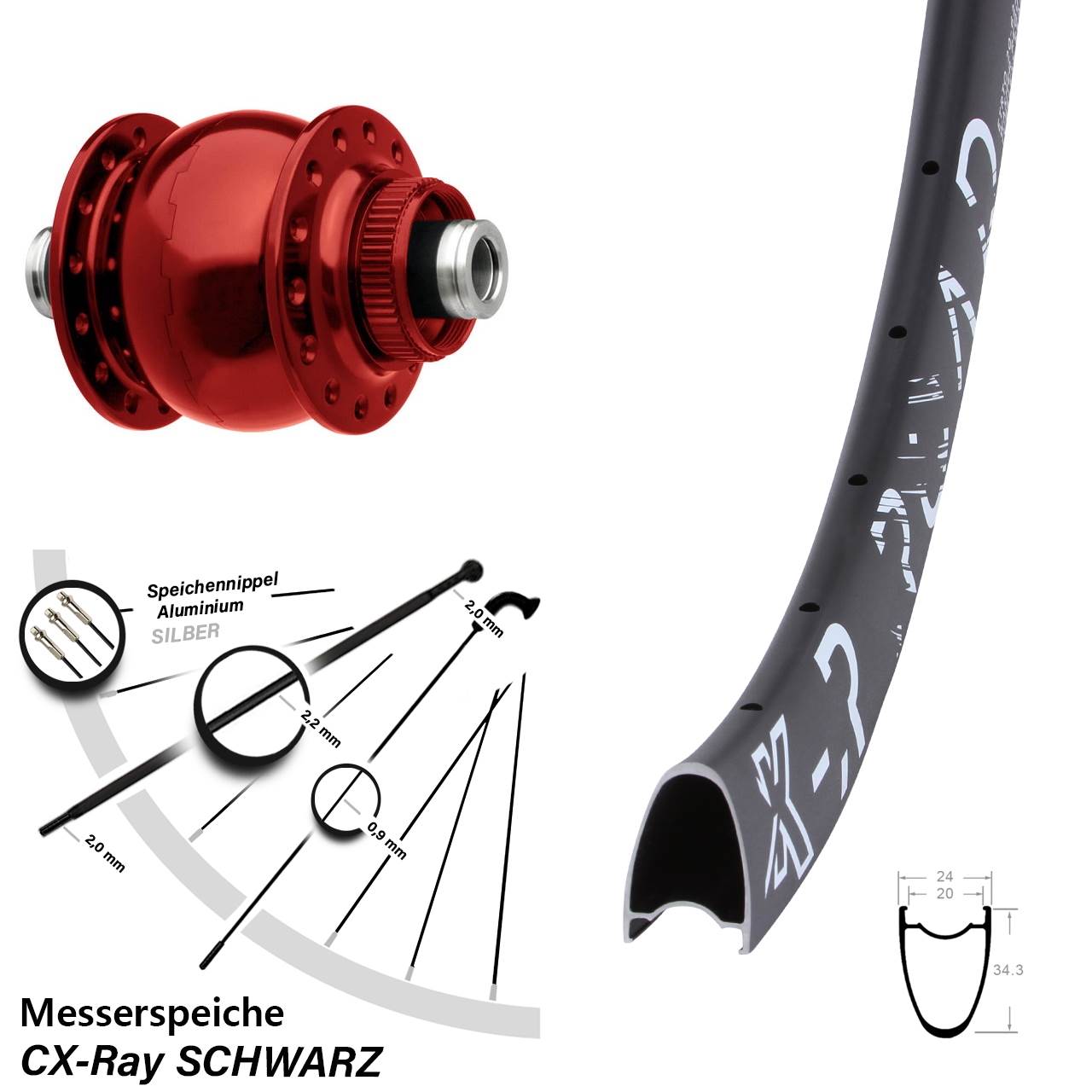 Nabendynamo-Vorderrad Centerlock roter SON 28 Zoll KX-R Road 12x100 CX-Ray
