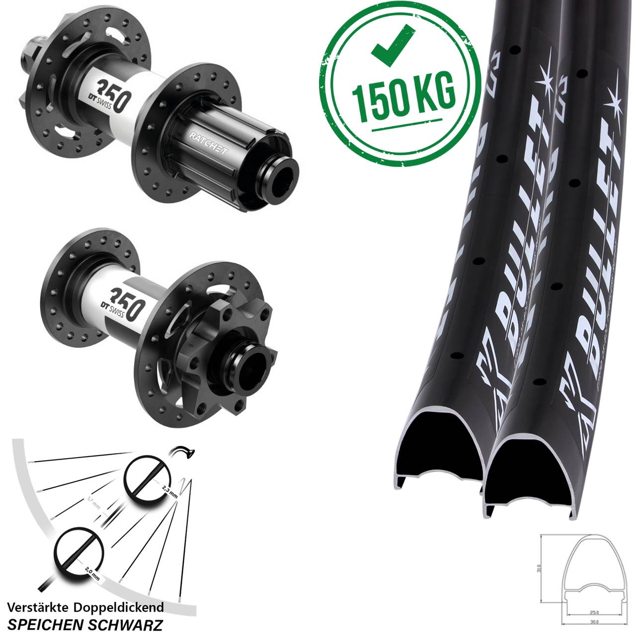 6-Loch Laufradsatz 29 Zoll KX Bullet DT Swiss 350 8-11 fach 15x110 12x148