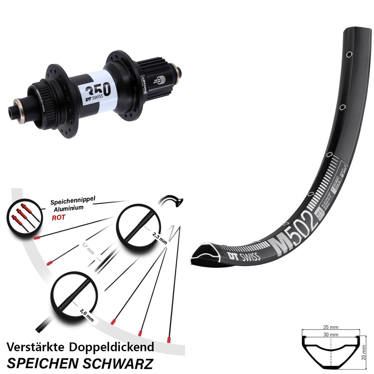 27,5 Zoll DT Swiss M 502-350 Centerlock Hinterrad QR Shimano Micro Spline