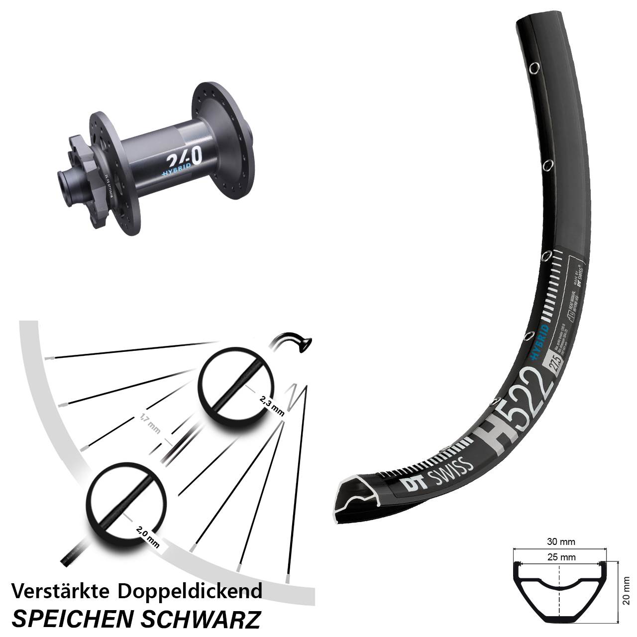 verstärktes 27,5 Zoll Vorderrad E-Bike H 522 DT Swiss 240 Hybrid Boost 15x110 mm