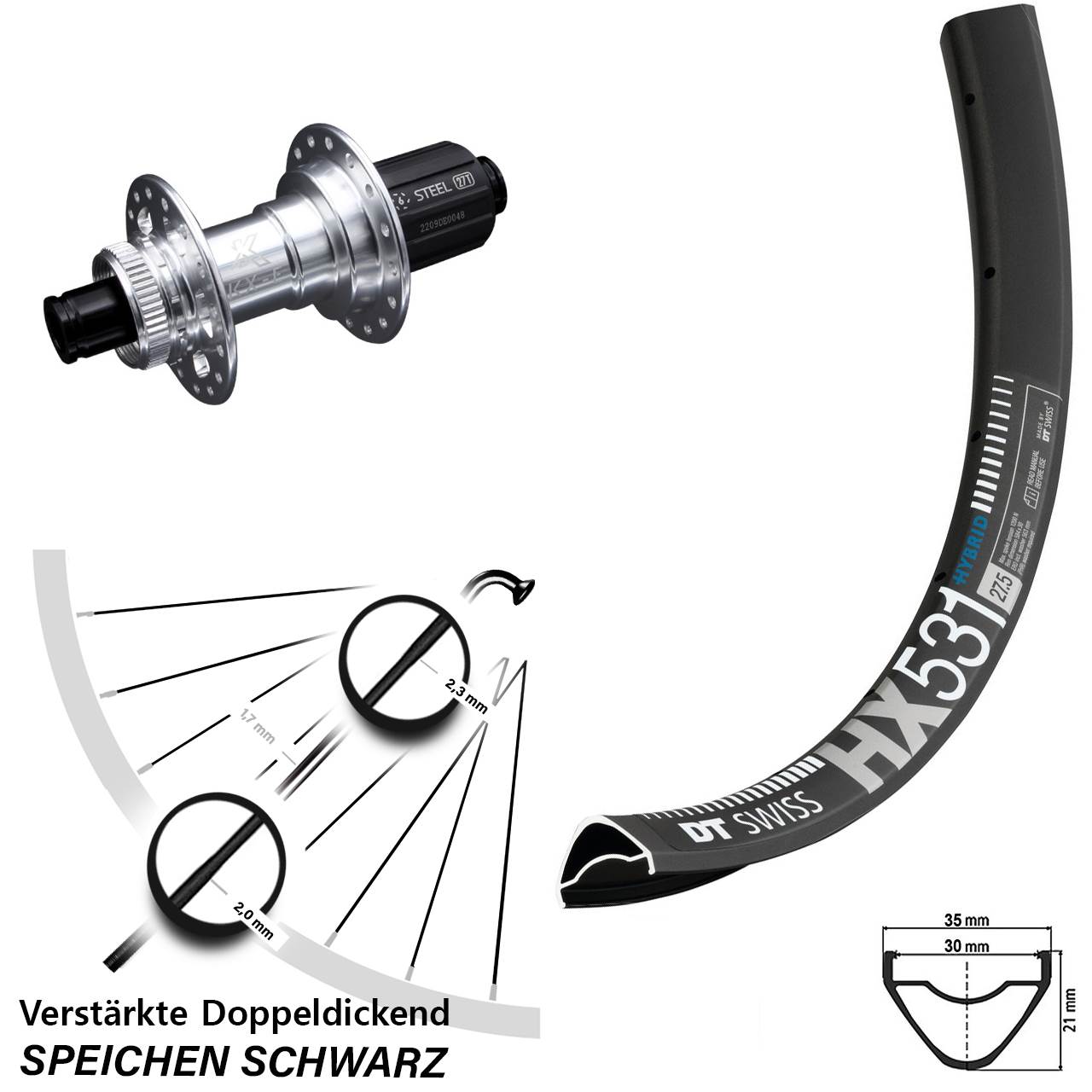 DT Swiss HX531 KX-E 6 Kugellager 27,5 Zoll Disc Laufrad 12x142 8-12 fach HG