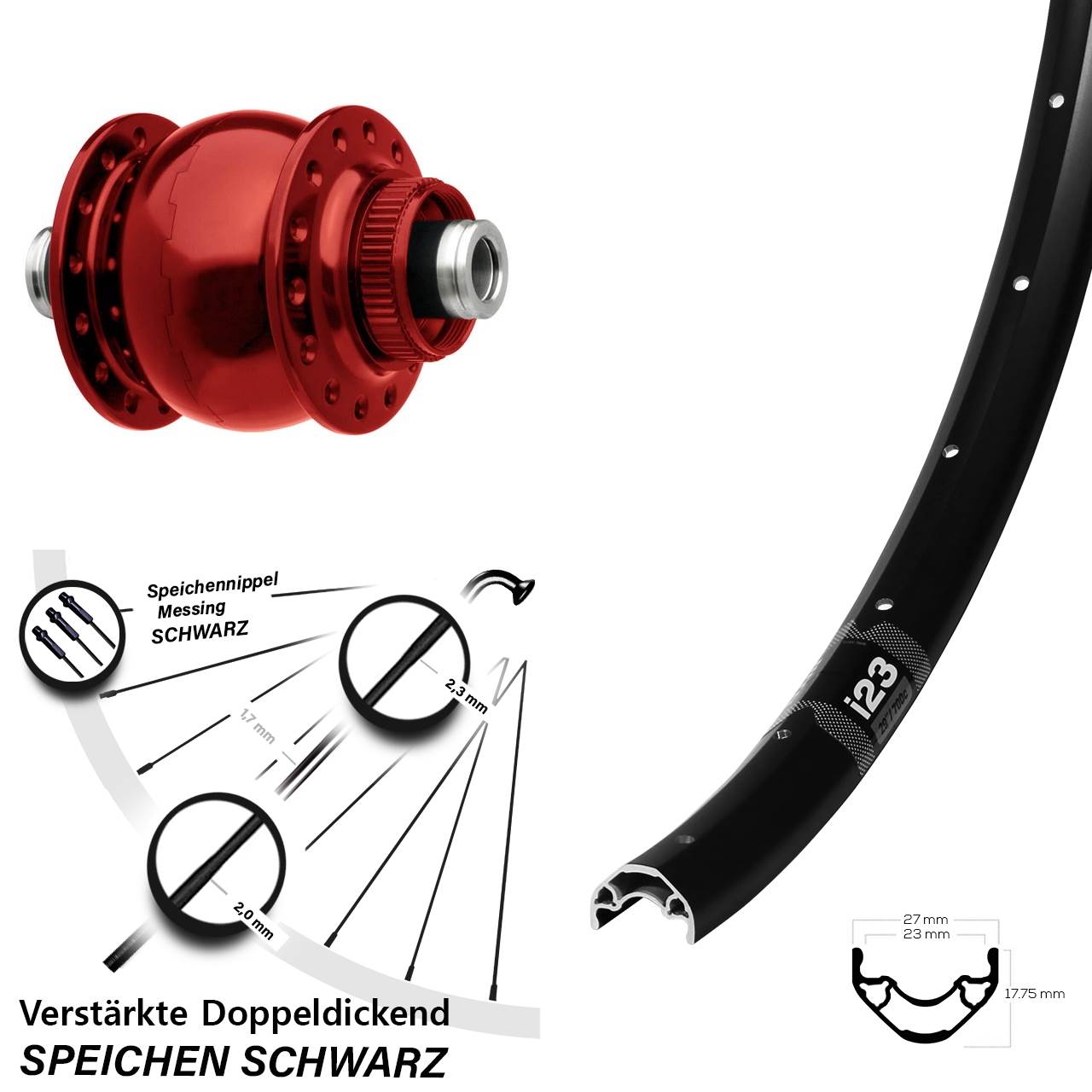 Centerlock Dynamo-Vorderrad 12x100 28 Zoll WTB i23 SON 28 rot