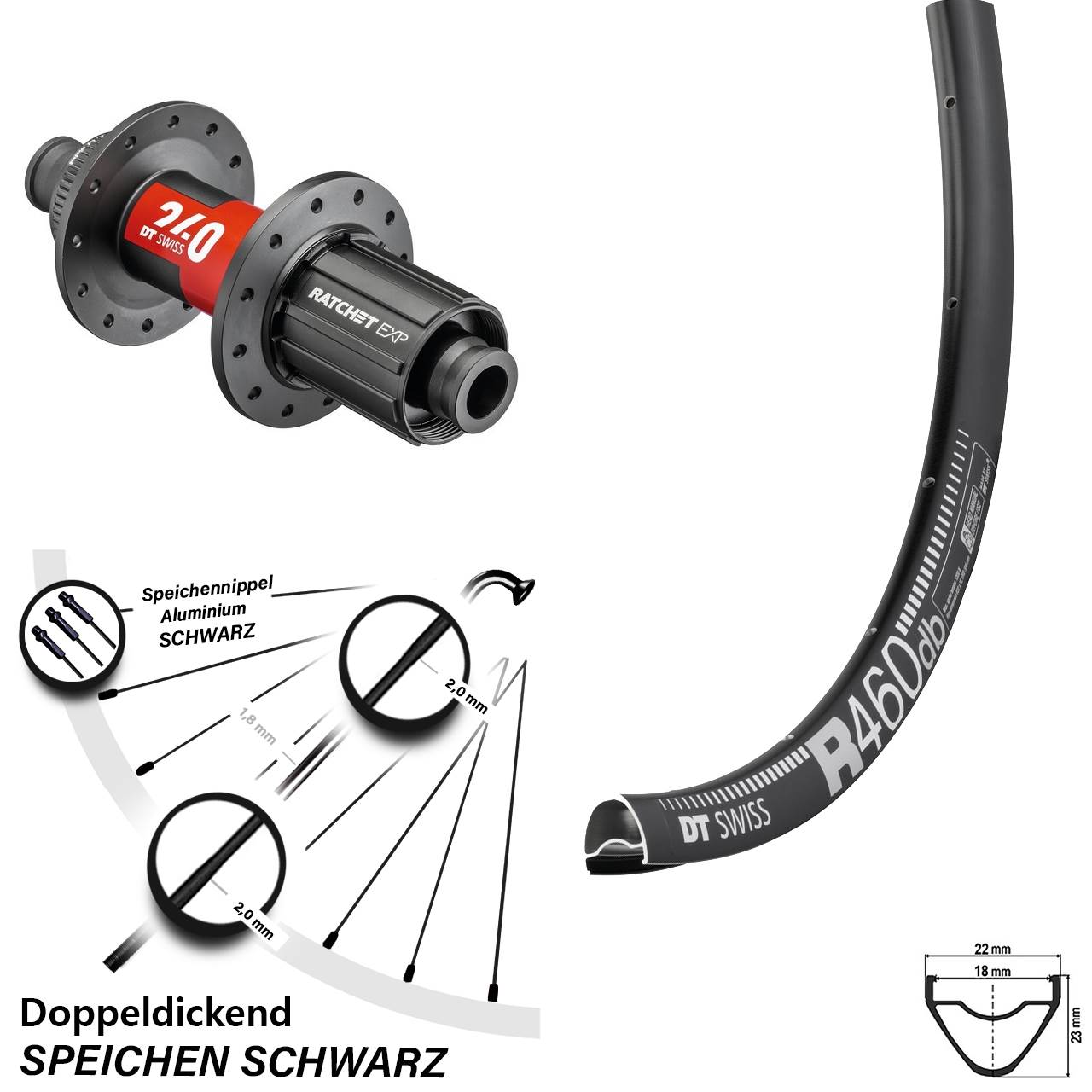 DT Swiss R 460 DB Hinterrad 28 Zoll mit 240 EXP Road Centerlock 12x142 mm